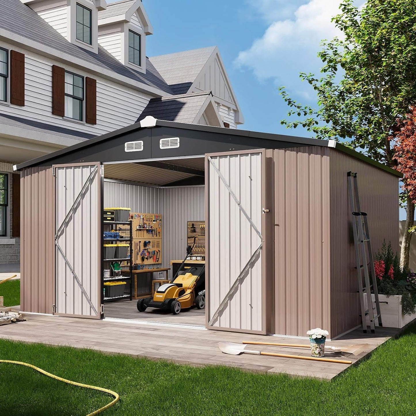 Aoxun 12x10 FT Shed Outdoor Storage Shed with Large Doors & Galvanized Steel, Large Shed Steel Utility Tool Shed Storage House with Door & Lock, for Patio Lawn Garden Sand, Brown