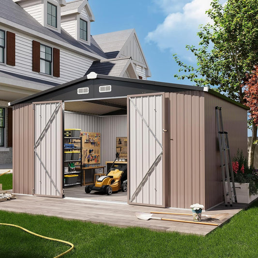 Aoxun 12x10 FT Shed Outdoor Storage Shed with Large Doors & Galvanized Steel, Large Shed Steel Utility Tool Shed Storage House with Door & Lock, for Patio Lawn Garden Sand, Brown