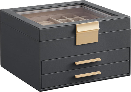 SONGMICS Jewelry Box Organizer with Glass Lid, 3-Layer Jewelry Storage, with 2 Drawers, Modern Style, Christmas Gift, 8 x 9.1 x 5.3 Inches, Interstellar Gray and Gold Color UJBC239G02