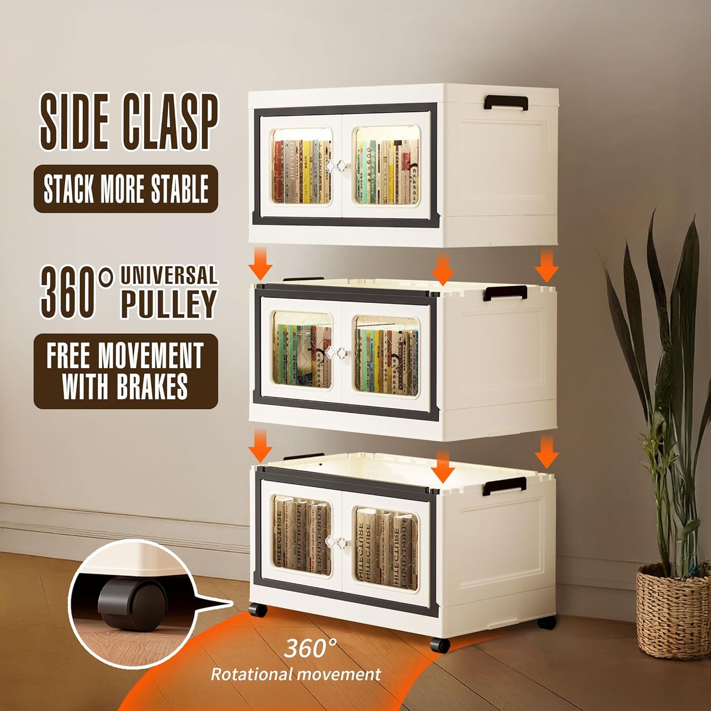 SunSettler Stackable Storage Bins with Lids, Folding Storage Cabinets with Doors and Wheels, Collapsible Plastic Storage Bins for Closets, Stackable Storage Organizer(Transparent, 3-Tier)