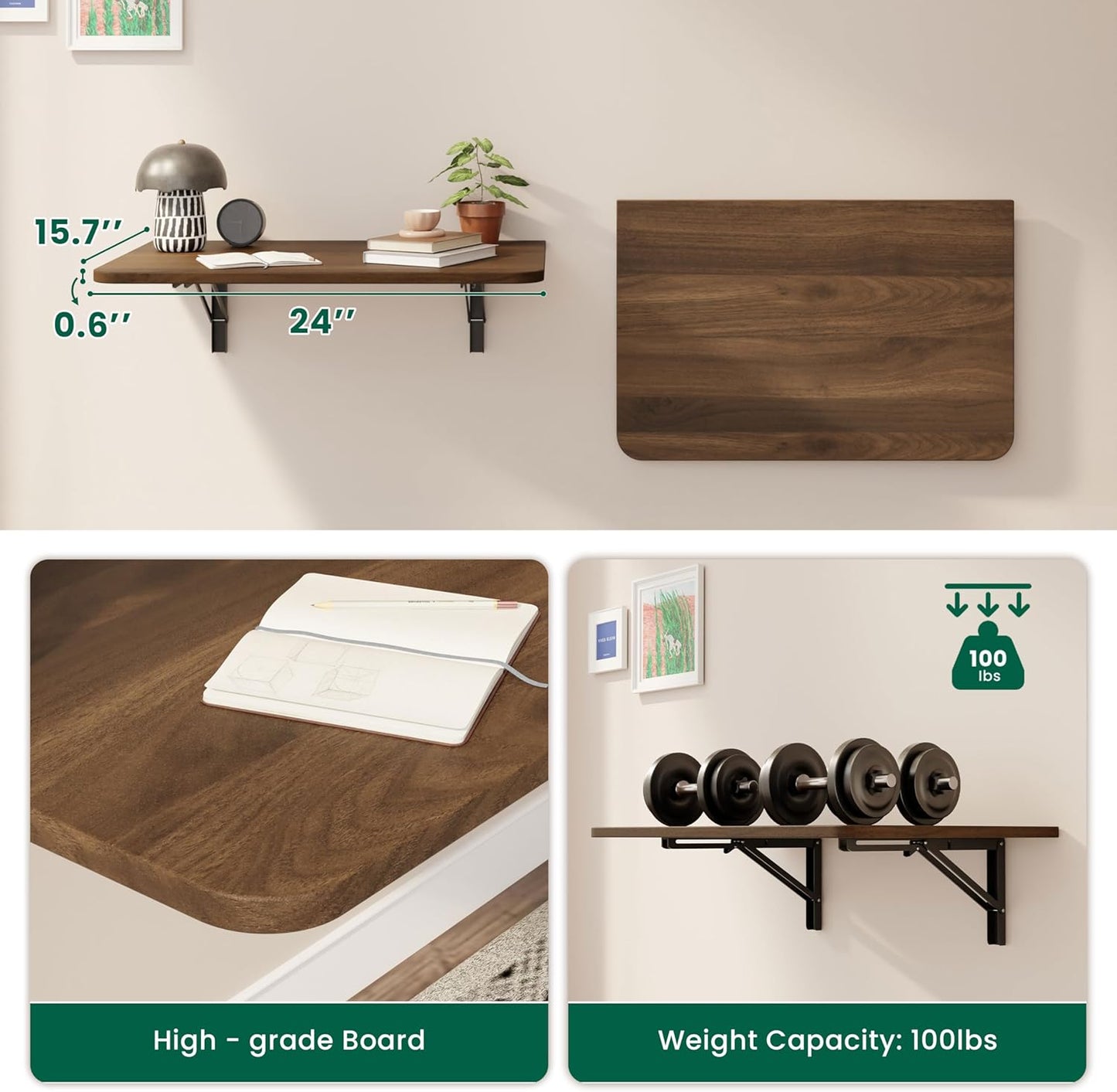 Dogsky Wall Mounted Folding Table, Floating Desk 24x15.7Inch, Fold Down Shelf Wall Mounted with Heavy Iron Brackets, Foldable Table for Launrdy Room, Office Study Work Bench, Kitchen Dining, Walnut