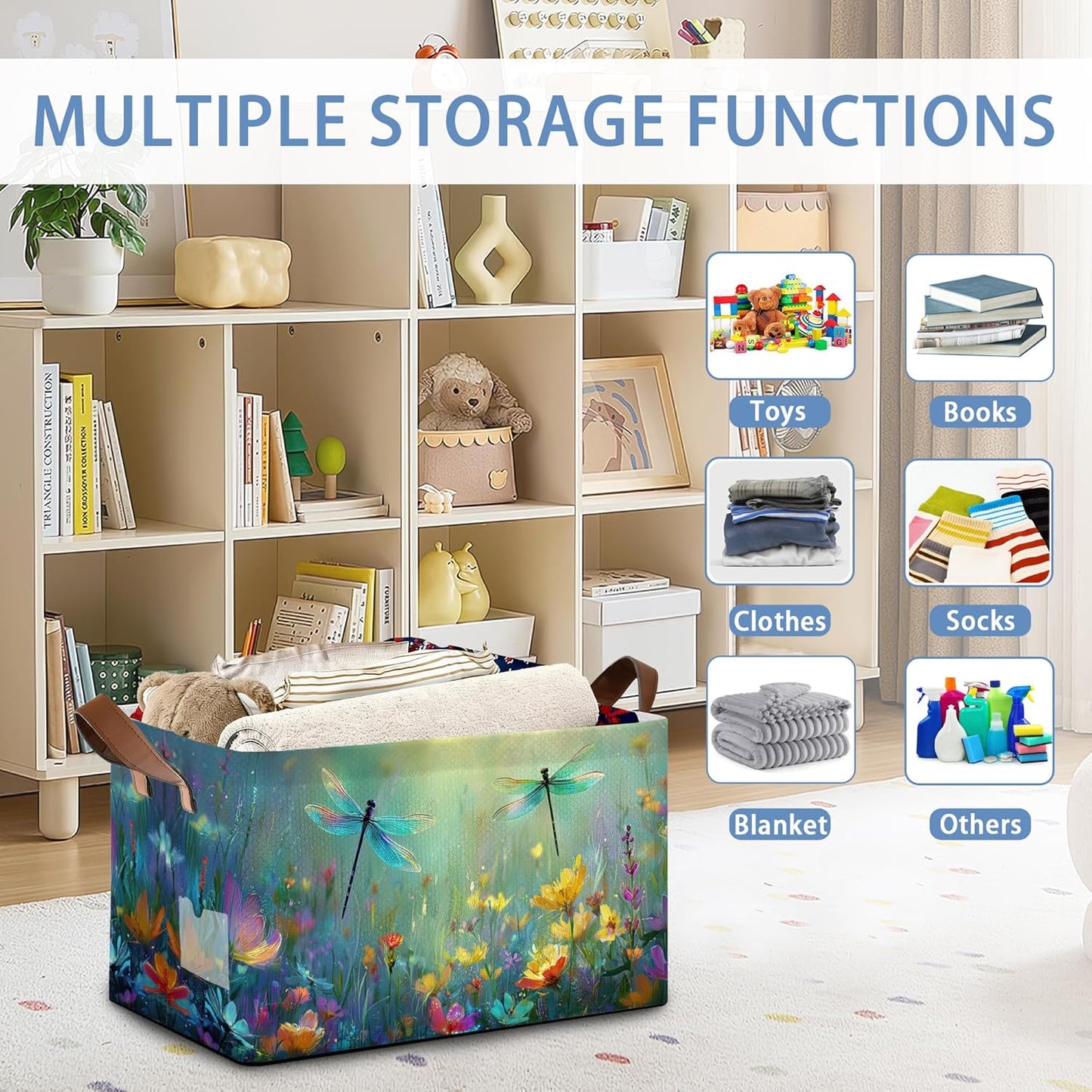 Dragonfly Storage Basket,Flower Collapsible Storage Bin Cubes for Living Room Bedroom Blankets Home Storage 17x11.5x10Inch