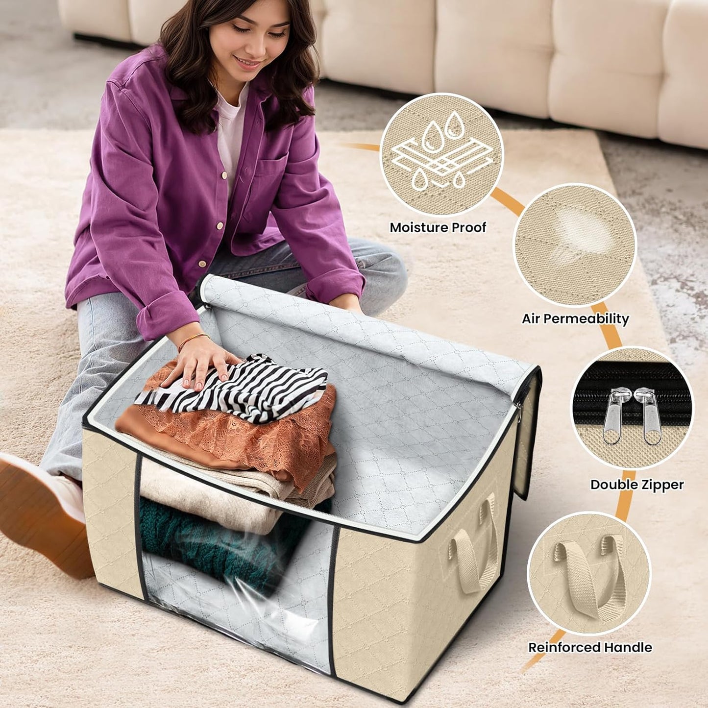 Fab totes 24 Gallons Clothes Storage, Foldable Thick Fabric Blanket Storage Bags, Containers for Organizing Bedroom, Closet, Clothing, Comforter, Organization with Handle (10 Pack,Beige)