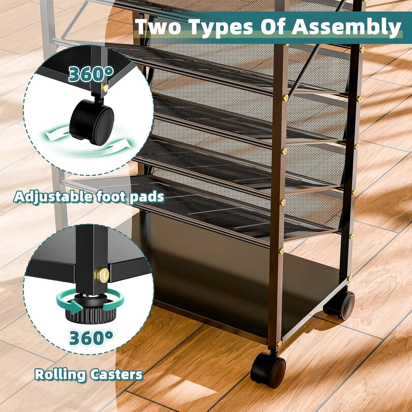 15 Tier Rolling File Cart, Sturdy and Durable Desk File Organizer with Metal Mesh Letter Tray, Heavy-duty Rolling Clutter Cart for Office, Home, School, Black