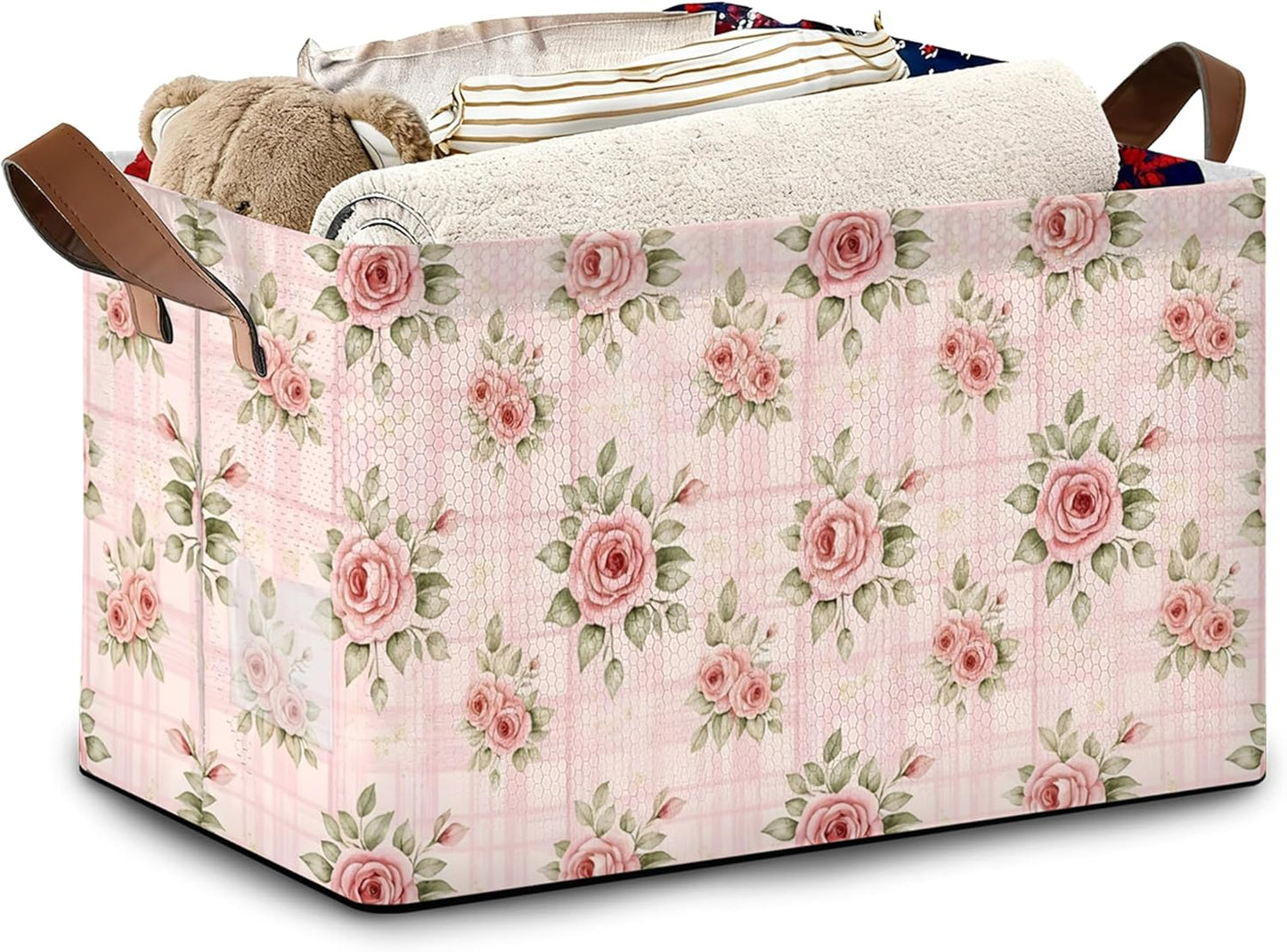Vintage Pink Rose Storage Baskets,Foldable Large Capacity Organizer Bins with Waterproof Lining and Leather Handles for Closet,Shelf,Bedroom 17x11.5x10Inch