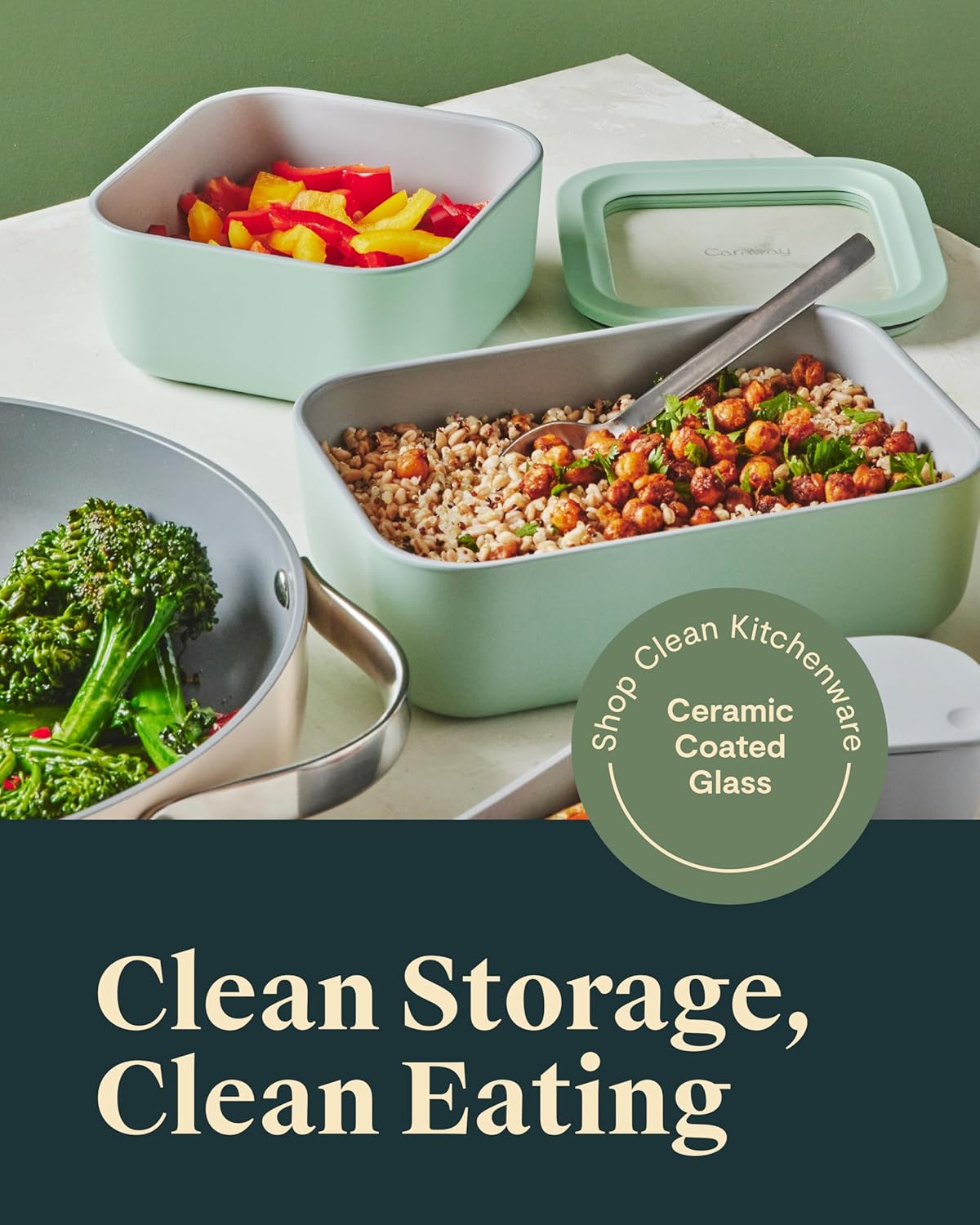 Caraway Glass Food Storage - 6.6 Cup Glass Container - Ceramic Coated Food Container - Non Stick Lunch Box Container with Lids - Dishwasher, Oven, & Microwave Safe - Cream