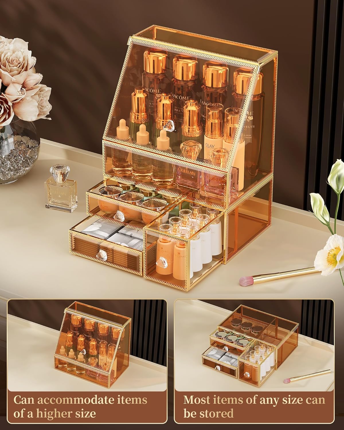 Makeup Organizer Countertop,Amber Makeup Organizer with Drawer, Skincare Holder for Bathroom Countertop,Cosmetic Display Case for Dresser