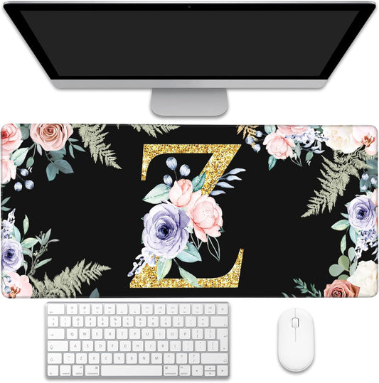 Large Gaming Mouse Pad for Desk, Flower Golden Letters Z Desk Mat, 35.4"x15.7" Big Mouse Pad with Non-Slip Base and Stitched Edge, Long Computer Keyboard Mouse Mat for Home Office Work