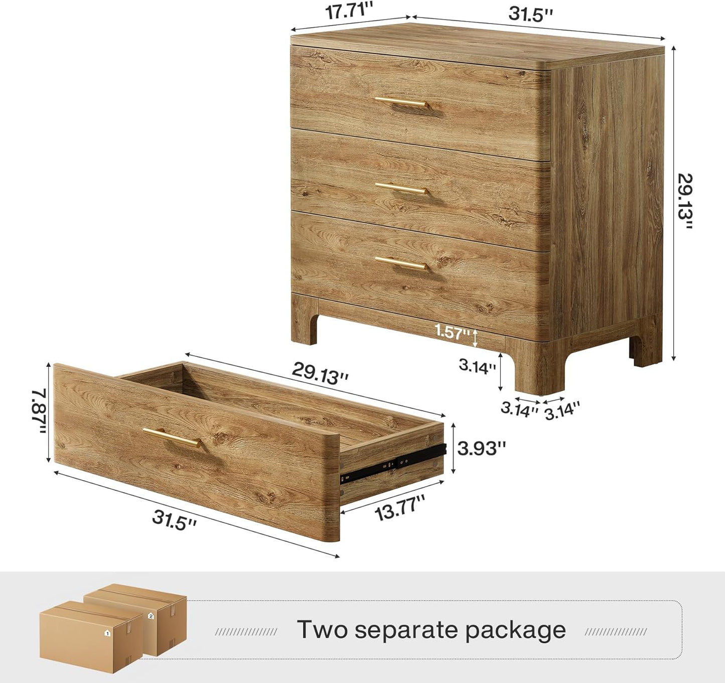 Tribesigns Extra Large Three Drawers Nightstands Set of 2, 31.5" Wooden Rustic Brown Bedside Table with Drawers Storage and Mental Handles for Bedroom, Easy Assembly (2)