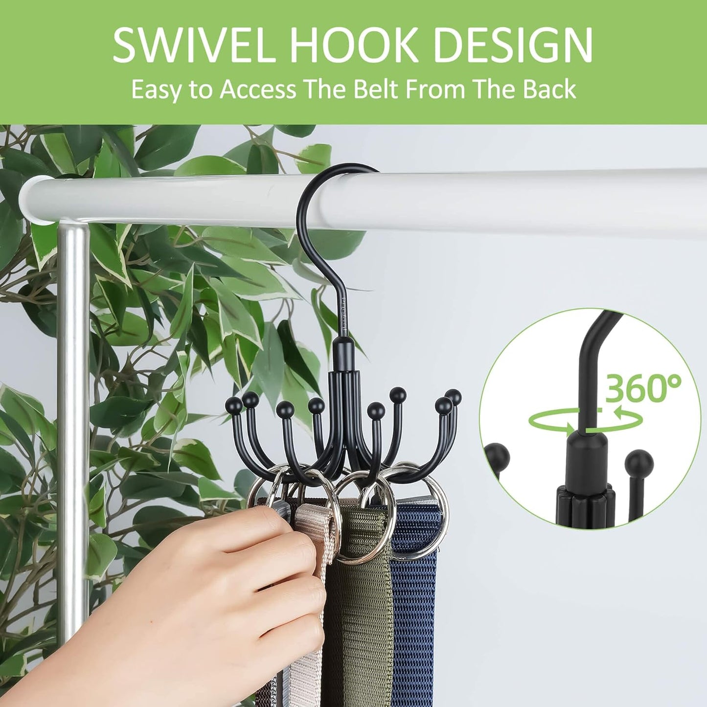 Belt Hanger, Rotatable Belt Organizer for Closet, Accessories Rack, Space Saving Hanging Holder Storage Hook for Belt, Tie, Scarf, Purse, Bra, Tank Top, Black