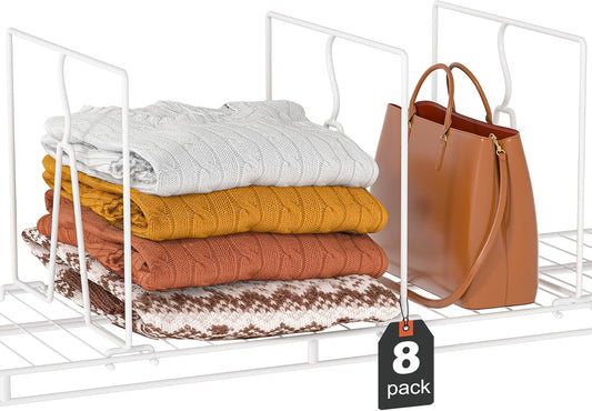 Wire Shelf Dividers for Closet: Tall 8 Pack 12-Inch Deep Adjustable Organizer for Shelves,Metal Rack Separator for Clothes, Purses & Bags，No Tool