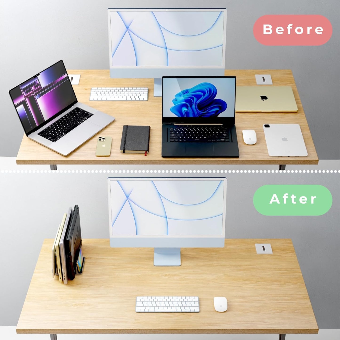 Vertical Laptop Stand Holder 5 Slots, Aluminum Space-Saving Laptop Holder, Adjustable Size Dock Tabletop Desk Organizer 3 Slot + 2 for Apple MacBook/Surface/PC/Tablet/iPad/iPhone (Space Gray)