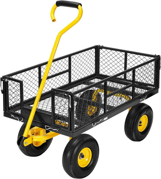 VIVOHOME Heavy Duty 880 Lbs Capacity Mesh Steel Garden Cart Folding Utility Wagon with Removable Sides and 4.10/3.50-4" Wheels 10 inch Tire (Black)