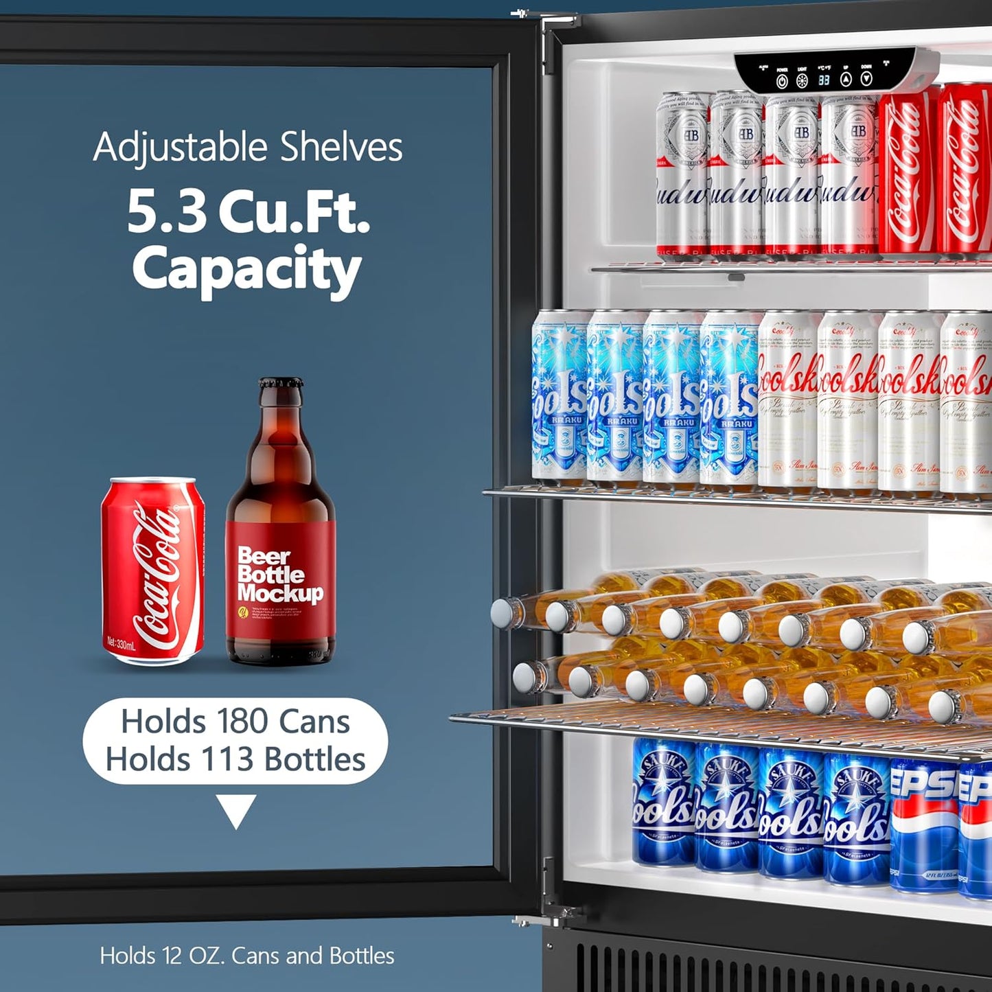 Coolski Beverage Refrigerator, 24 Inch Under Counter Beverage Fridge, 180 Cans Built-In or Freestanding Beverage Cooler with Glass Door for Home Bar Kitchen, ETL, DOE, NSF Approved