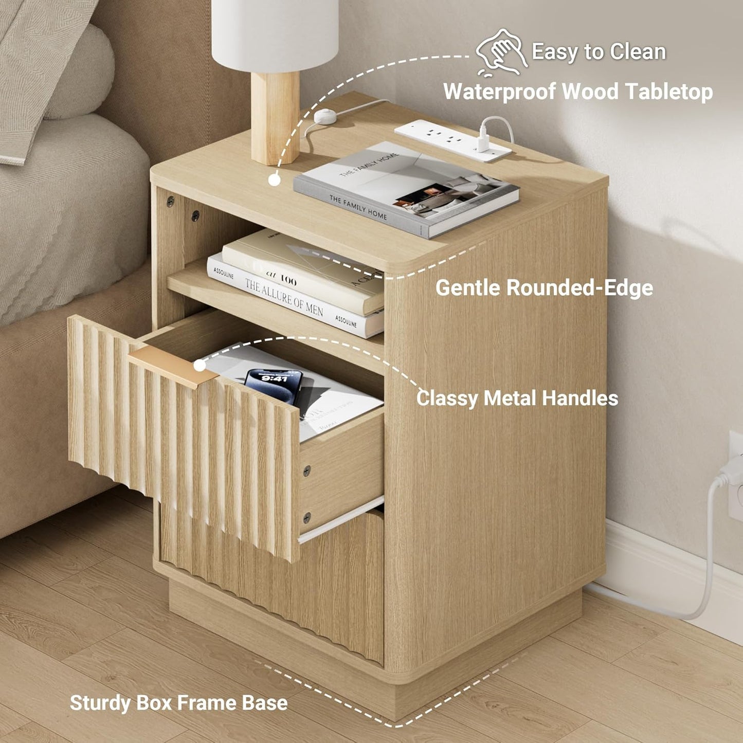 Fluted Nightstand with Charging Station, 18" Mid-Century Modern Night Stand, 2 Drawers End Table with Storage, Bedside Table for Bedroom Sofa Home Office, Curved Profile (Natural Oak)