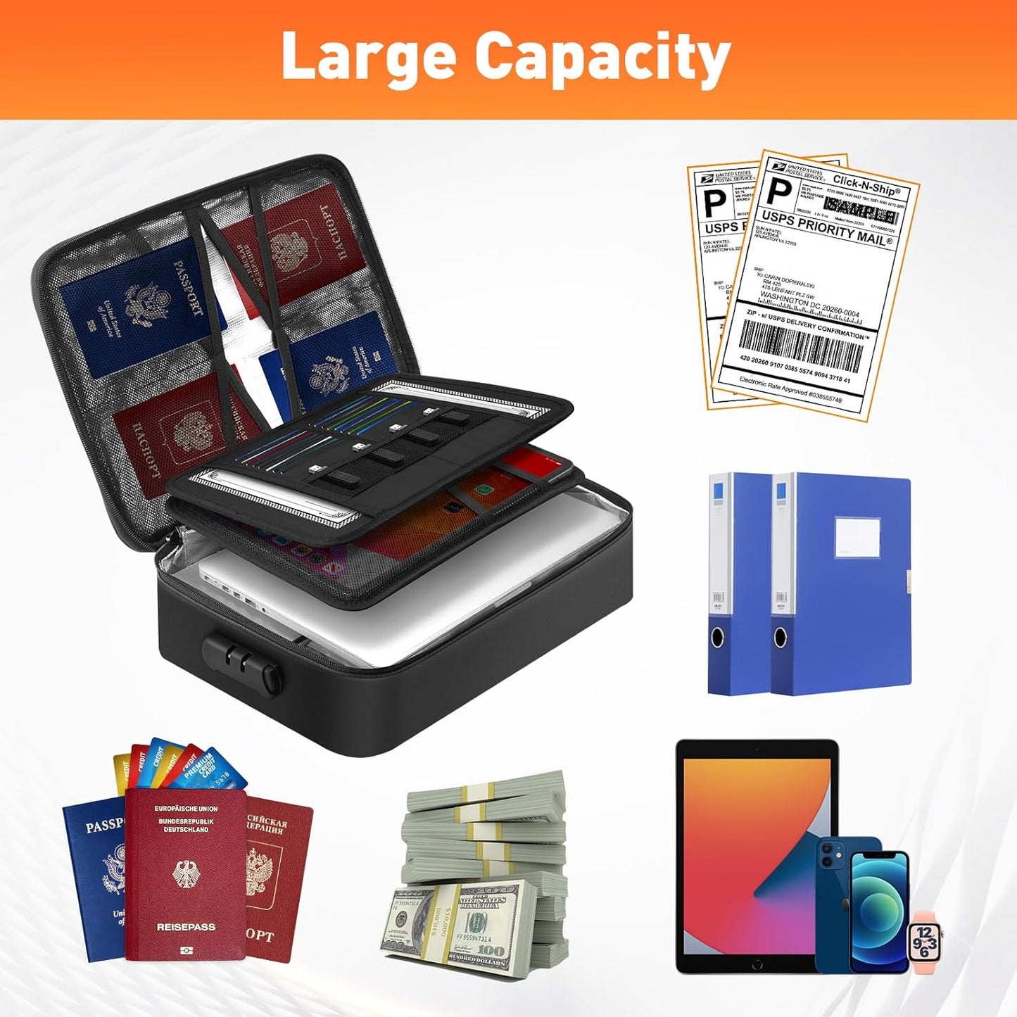 5200°F Fireproof Document Bag with Lock - Mondoshop Heat-Insulated Fireproof Document Box, Important Document Organizer, Portable Travel Fireproof Safe for Home Document, Passport, Laptop, Cards(Soft)