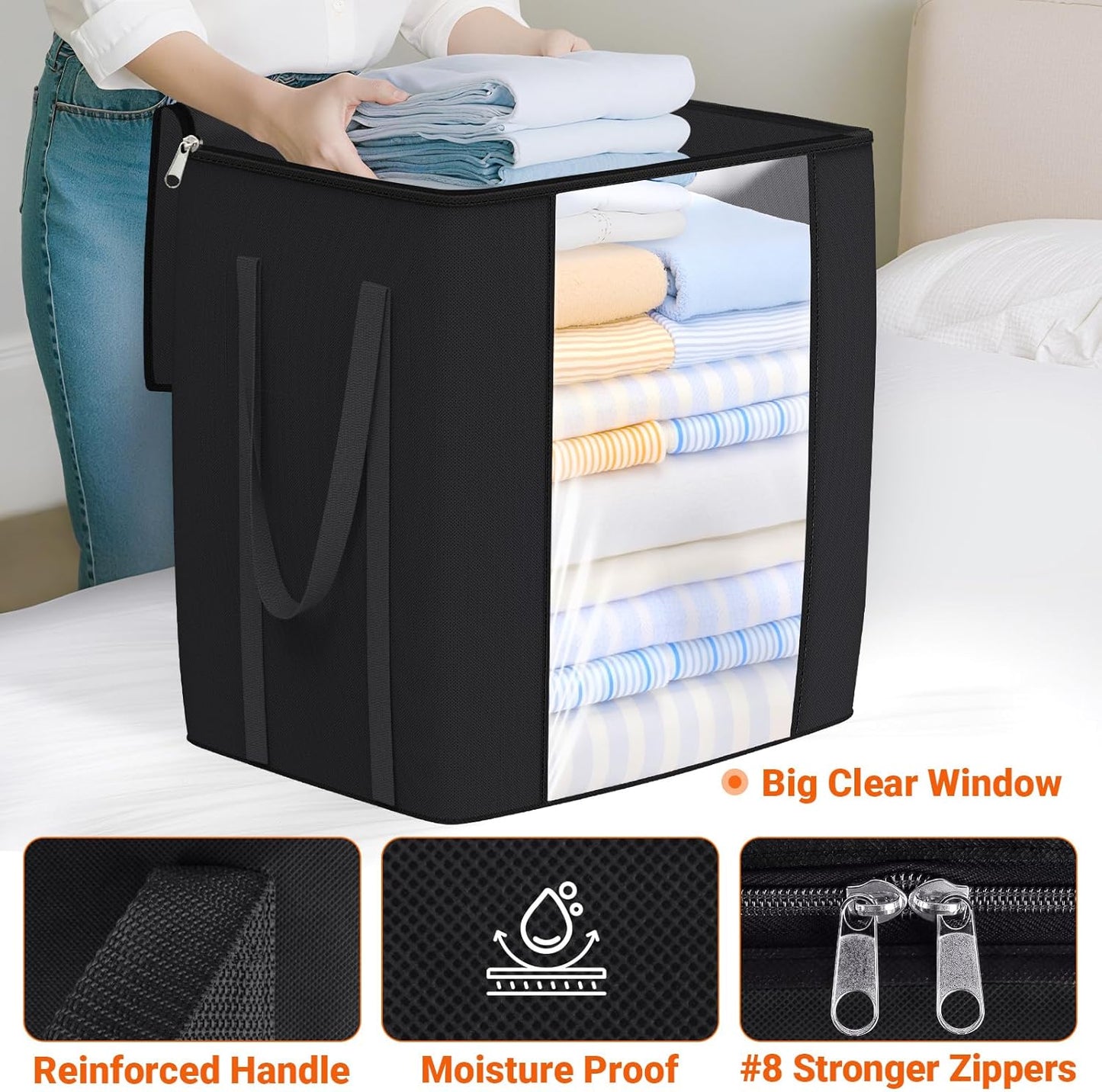 120L Extra Large Clothes Storage Bags, Foldable Blanket Storage and Organization, Thick Fabric Containers with Reinforced Handles & Zippers for Clothing, Comforters, Bedding, Black, 1 Pack