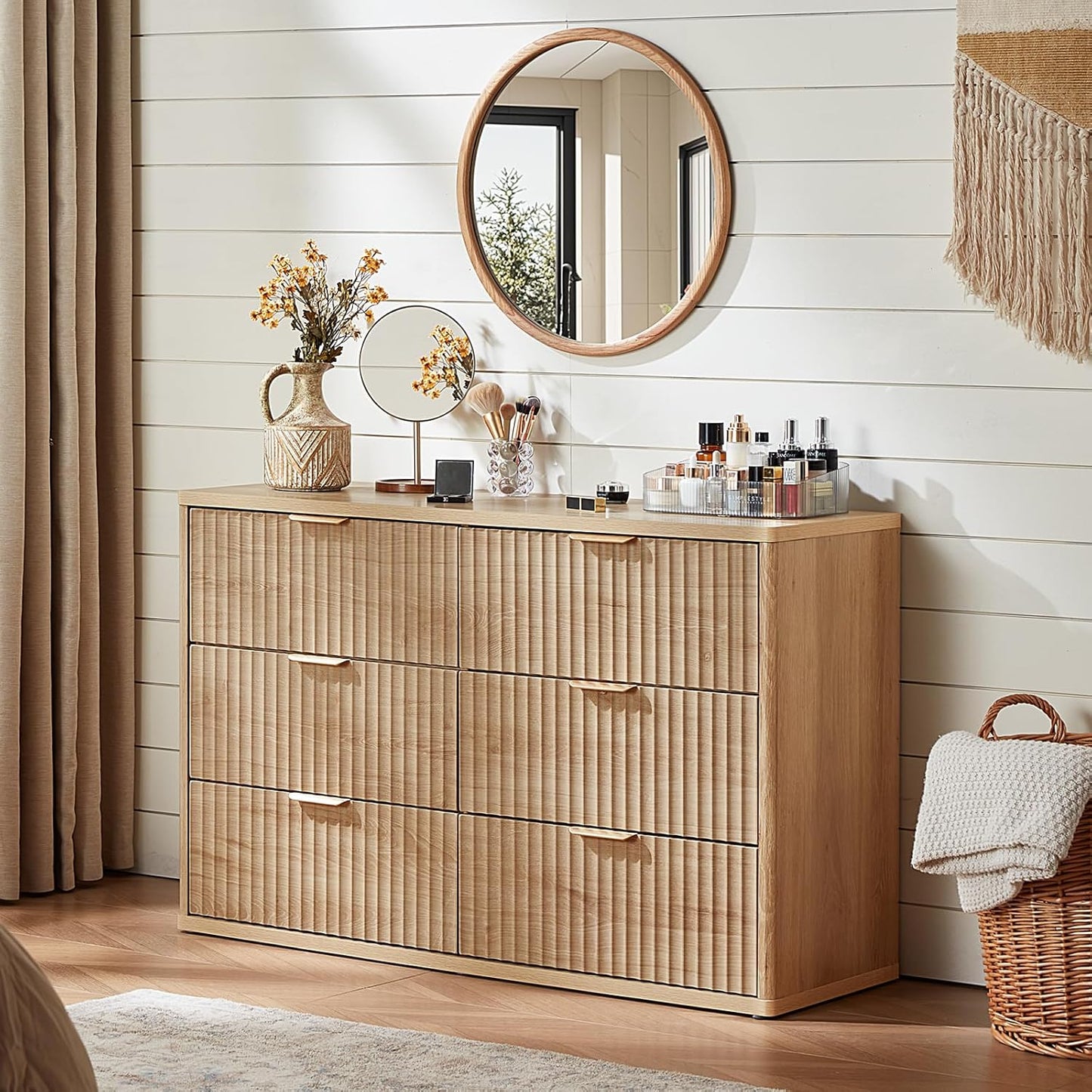 LEYAOYAO Fluted 6 Drawers Dresser Set of 2, 48" Wide Modern Chest of Drawers with Wood Grain Top, Curved Profile Design, Dresser TV Stand, Wooden Drawer Organizer for Bedroom, Living Room,Natural