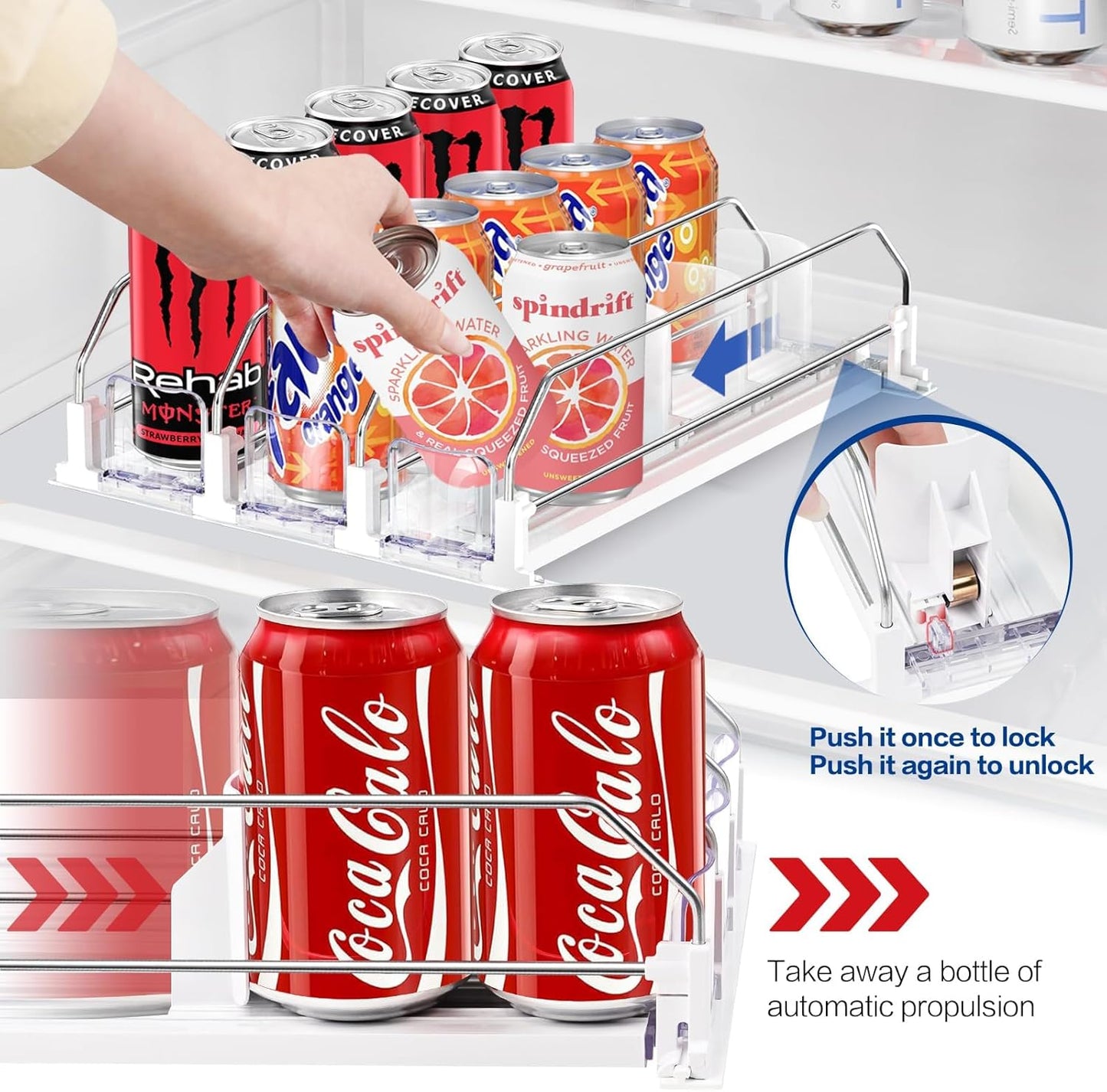Drink Organizer for Fridge, Automatic Pusher Soda Can Dispenser for Refrigerator, Adjustable Width Holds up to 15 Cans Fridge Drink Organizer for Beer Beverage-3Row 15.3" D x 9.9" W