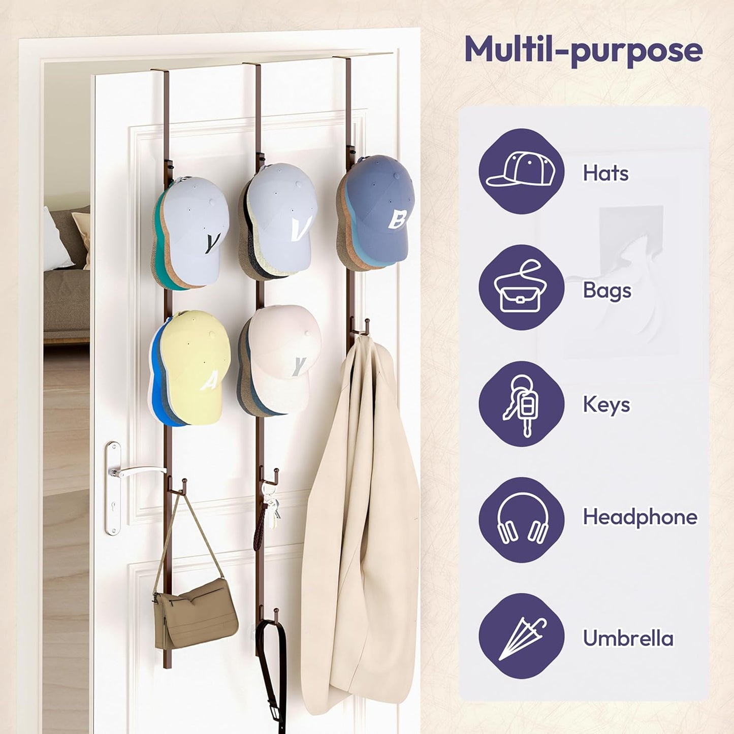 SWTYMIKI Over Door Hat Rack - 3 Packs Metal Hanging Hat Organizer with 12 Hooks Design, Baseball Cap Hanger Organizer Storage Holds up to 60 Caps for Door, Bedroom, Closet