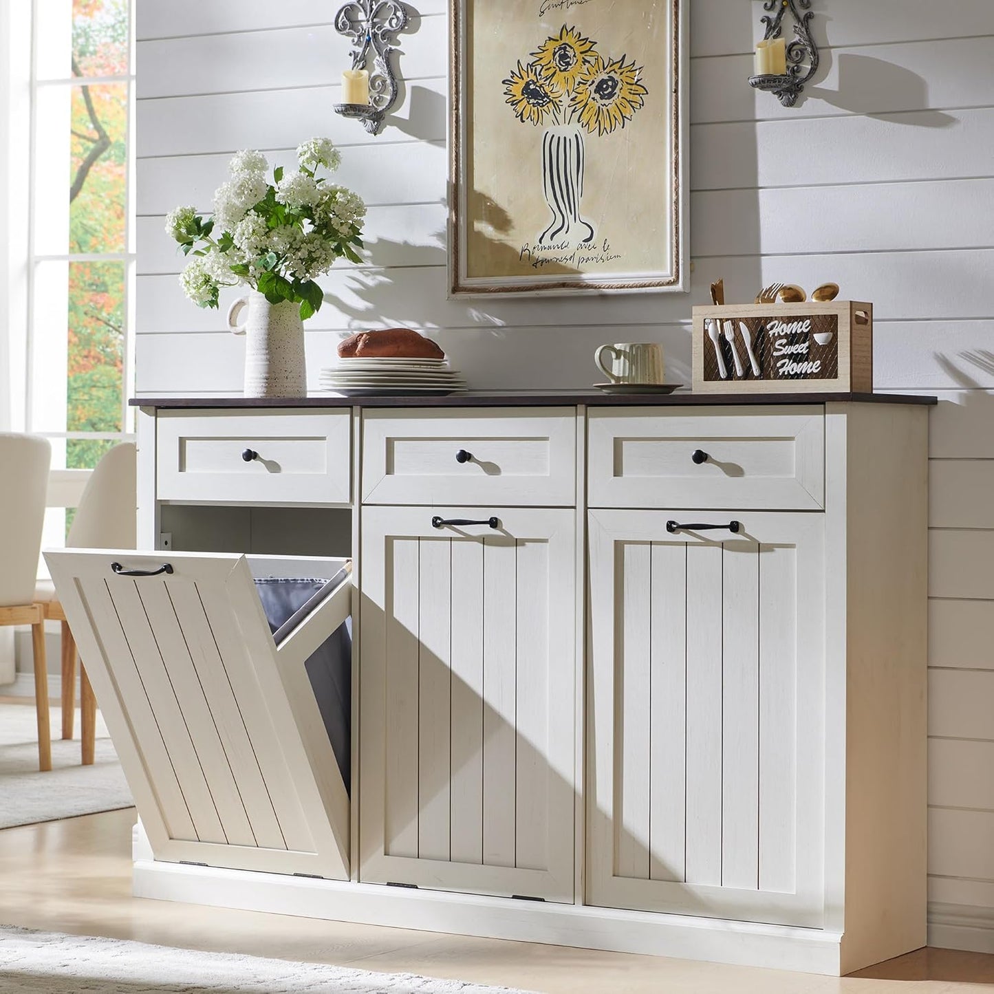 Triple Tilt Out Trash Can Cabinet, 20 Gallon Farmhouse Laundry Hamper Cabinet w/3 Drawers & Adjustable Shelf, Hidden Wooden Trash Can Cabinets with Storage Basket for Kitchen (Antique White)