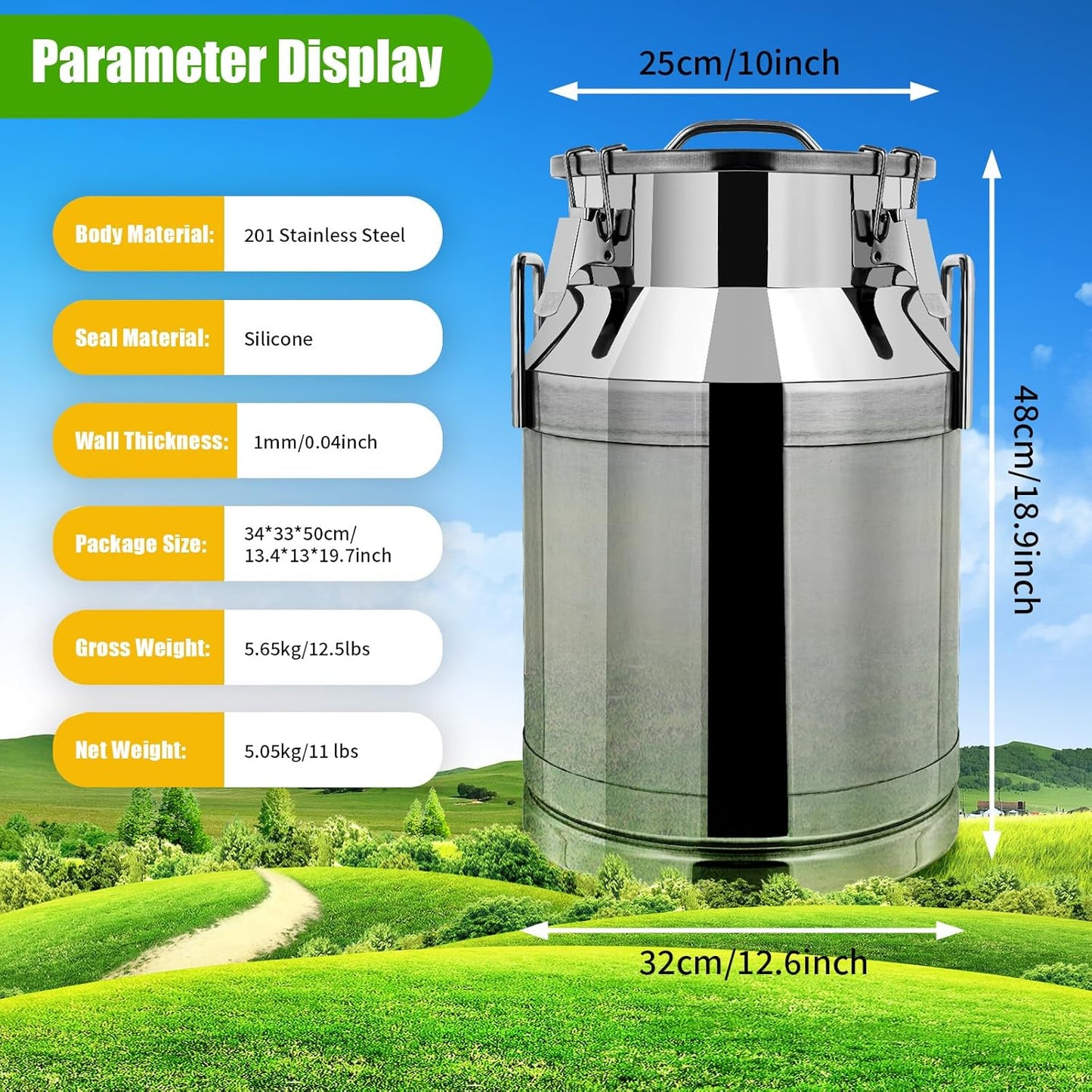 30L / 7.95Gallon Transport Cans Stainless Steel Milk Can Milk Bucket Wine Pail Bucket Milk Can Tote Jug with Sealed Lid Heavy Duty Wine Pail Liquid Storage