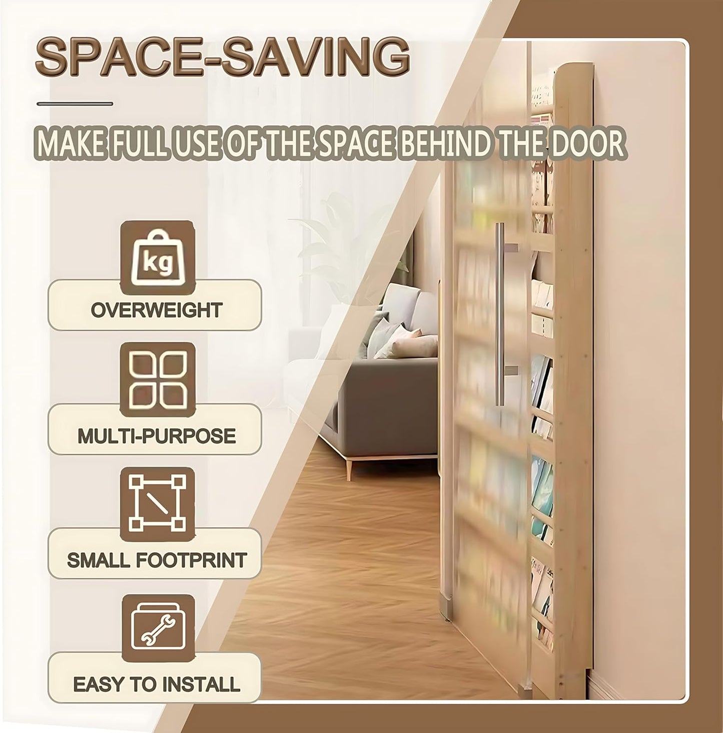 Behind The Door Bookshelf, 6-Tier Wooden Bookcases with Open Display Shelves, Behind The Door Storage Organizer for Toys and Books, Space-Saving Wall Mount Narrow Book Shelf
