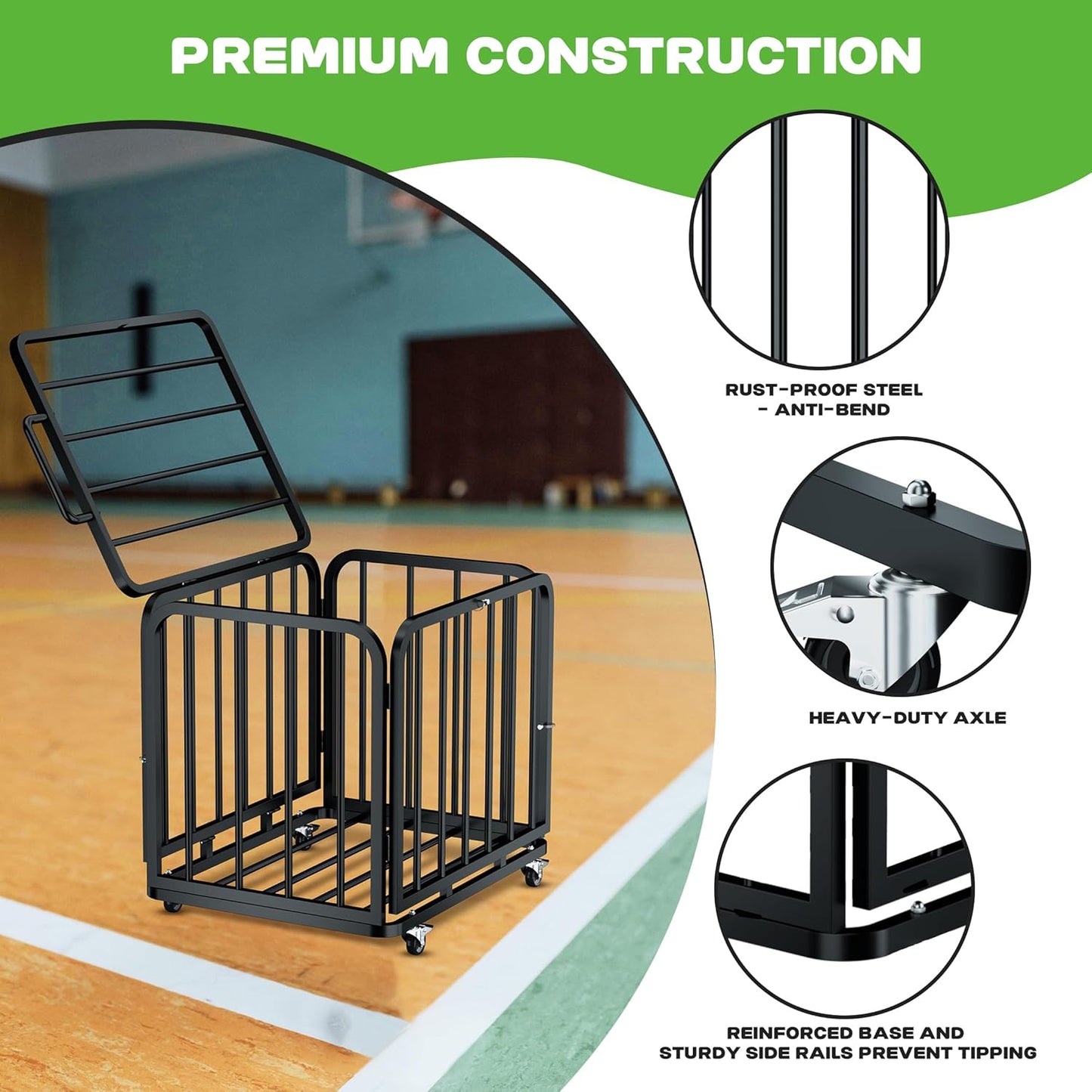 MR Foldable Ball Cart with Wheels, Heavy-Duty Ball Cage Garage Sports Equipment Organizer, Collapsible Metal Rolling Multi Sports Ball Storage for Gym, Lockable Lid, Indoor and Outdoor