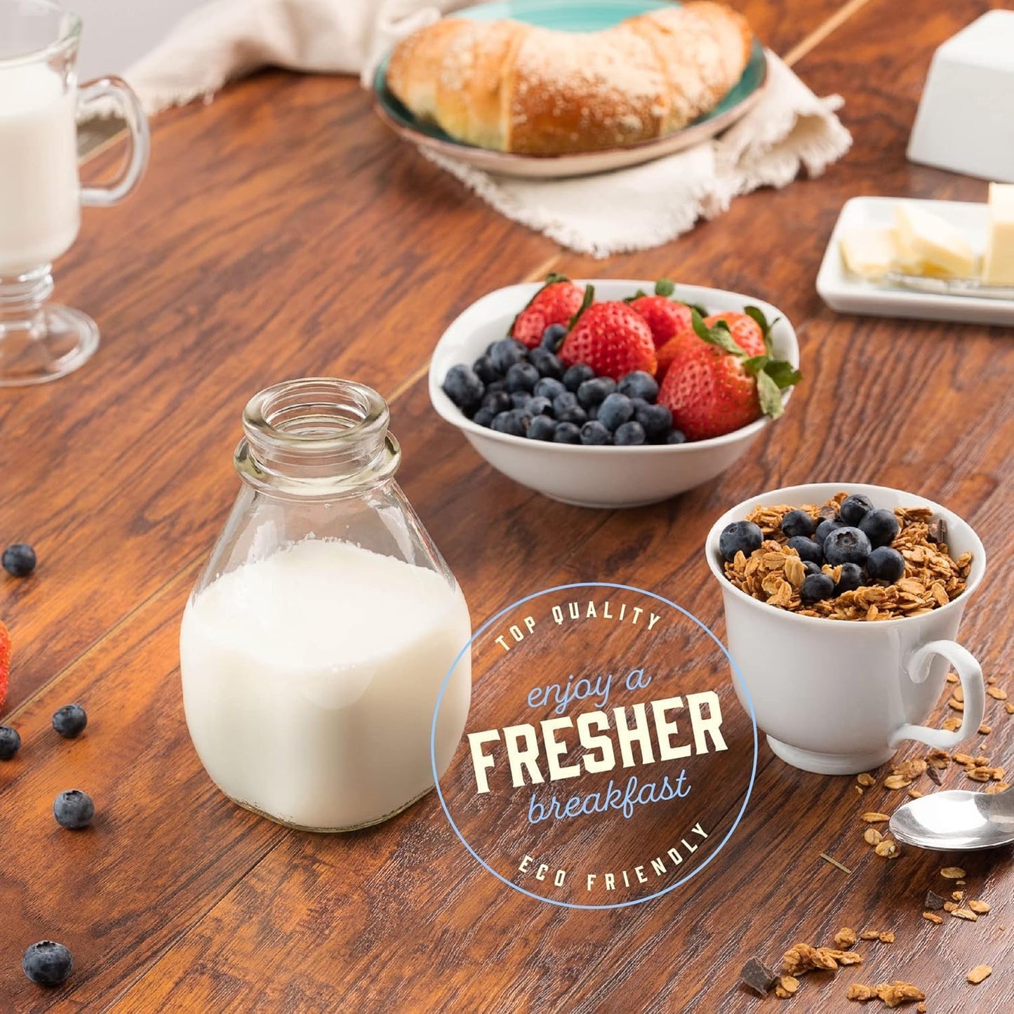 kitchentoolz 16 Oz Glass Milk Jug with Caps - Perfect Milk Container for Refrigerator Storage - 16 Ounce Short and Wide Glass Milk Bottle with Tamper Proof Lid and Pour Spout (3, 16 oz)