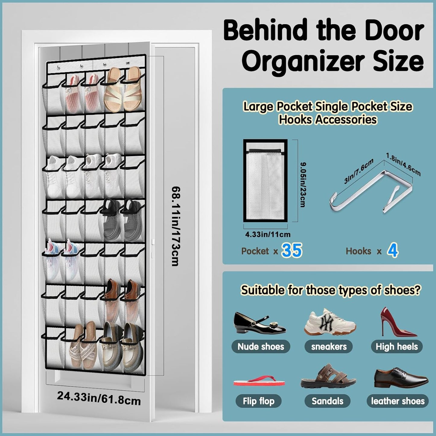 35 Compartment Over The Door Storage - Breathable Mesh Hanging Organizer with Large Pockets, Space Saving Design for Men & Women's Footwear, Closet, Bedroom （White）