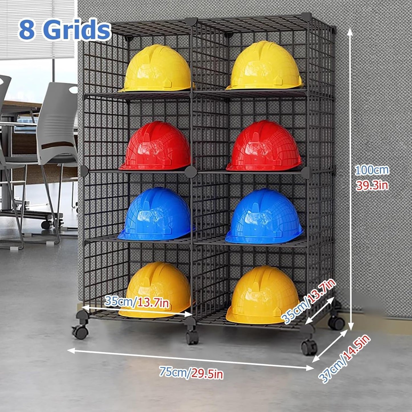 Stackable Safety Helmet Storage Boxes, Large Adjustable Hard Hat Placement Organizer Rack,with Wheels,for Construction Site/Garage/Workshop/Factory Helmet Display Shelf (Black, 8 Grids-2 * 4)