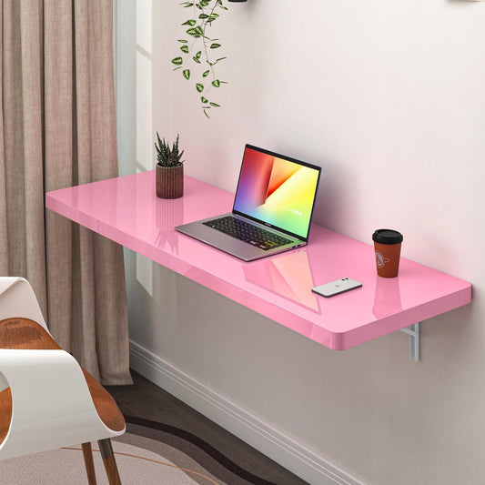 Clikuutory Wall Mounted High Gloss Folding Table, Wall Desk Fold Down for Small Spaces, Folding Workbench for Laundry Room, Home Office, Kitchen, Bedroom, Home Bar, Pink (47.2"×19.7")