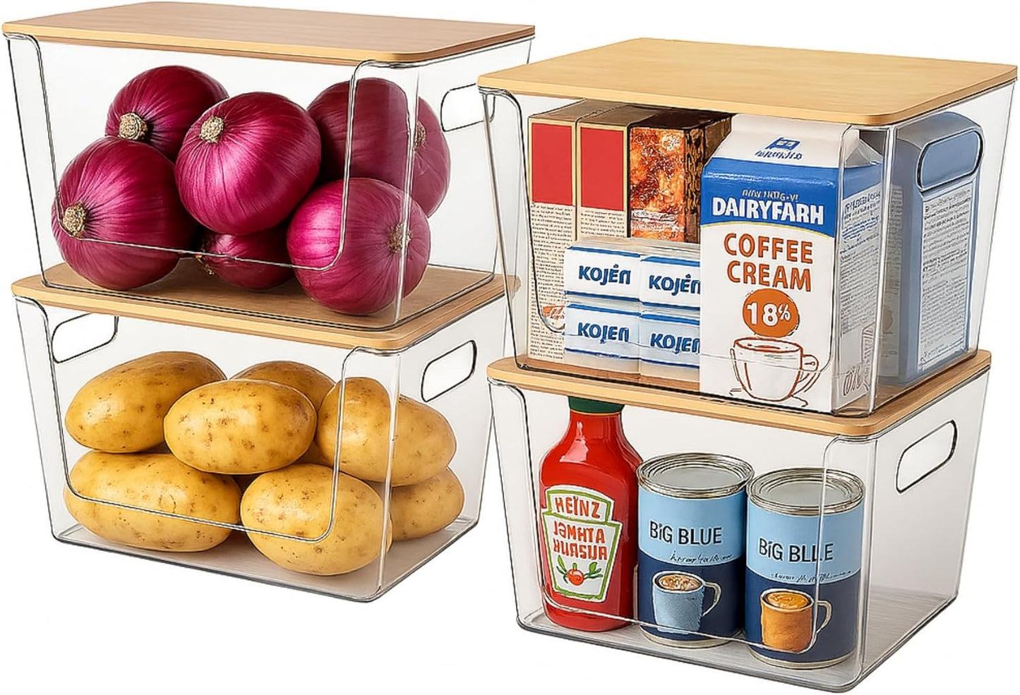 4 Pack Clear Stackable Potato & Onion Storage Bins - Trash Bag Holder Dispenser Under Sink Organizer for Pantry, Kitchen Countertop - Trash Bag Dispenser with Bamboo Lid for 4-13 Gal Bags