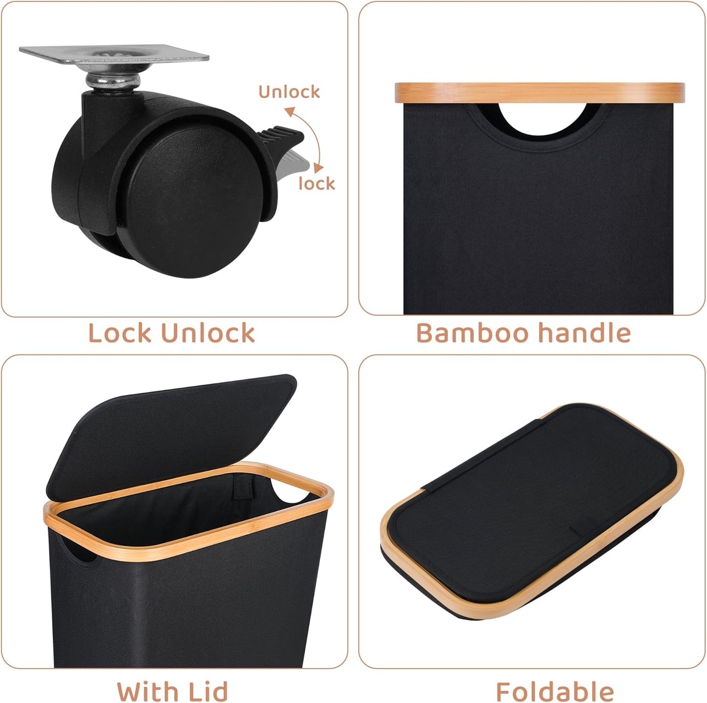Slim Laundry Basket with Wheels,Narrow Hampers for Laundry,Freestanding Laundry Hamper with Lid&Bamboo Handles,Collapsible & Waterproof Tall Cloth Hamper for Dorm Family(60L Black)