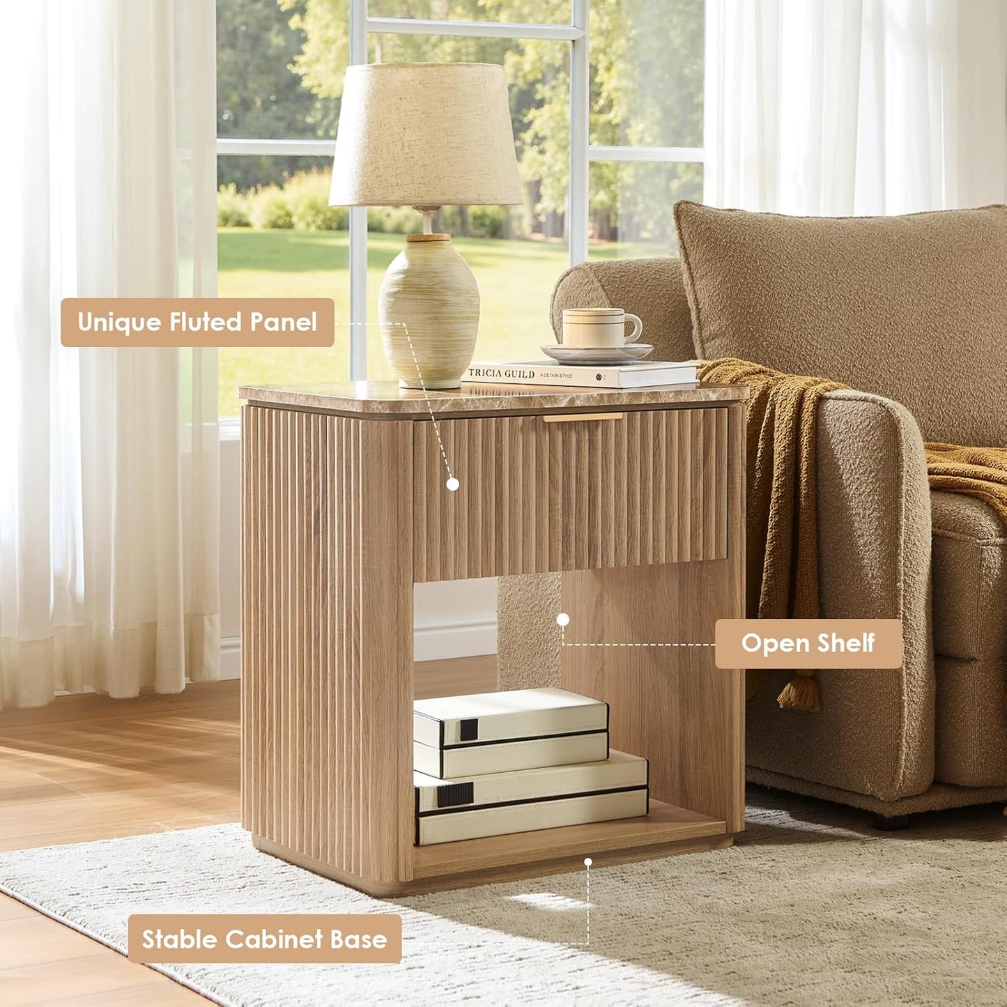 Fluted Nightstand with Drawer, Bedside Table with Faux Marble-Top, Engineered Wood Side Table with Open Shelf, Curved Corners, Metal Handle, Modern Night Stand for Bedroom, Small Spaces, Natural Oak