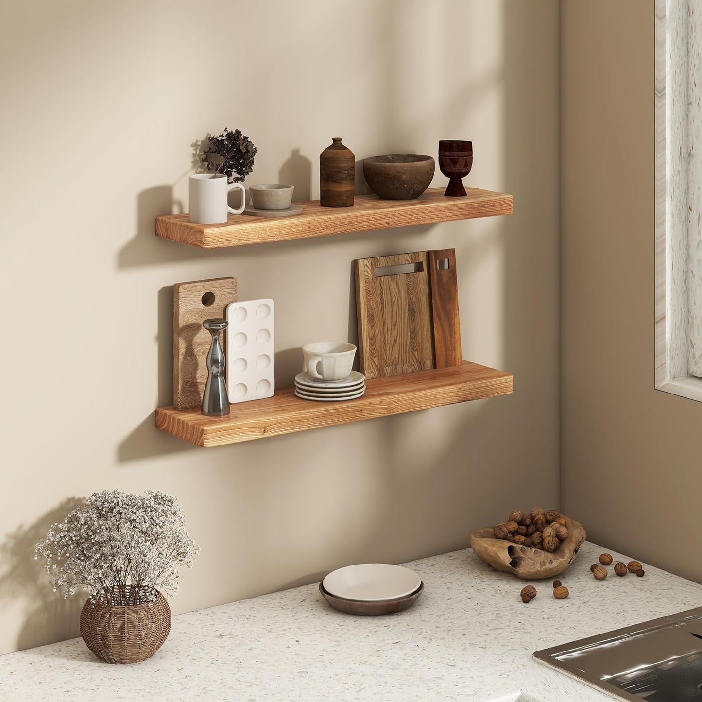 Fun Memories Rustic Elm Wood Floating Shelves, 30 Inch Wall Shelf Set of 2, Wooden Bathroom Shelves with Heavy-Duty Bracket, Storage & Display Shelf for Kitchen, Bedroom, Living Room