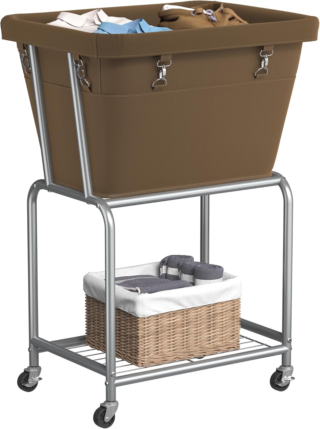 ELYKEN Laundry Cart with Wheels, Rolling Laundry Hamper with Removable Bag and Shelf, Metal Frame Laundry Basket with 4 Casters and 2 Brakes, Ideal for Bedroom, Bathroom, Laundry Room, Camel Brown