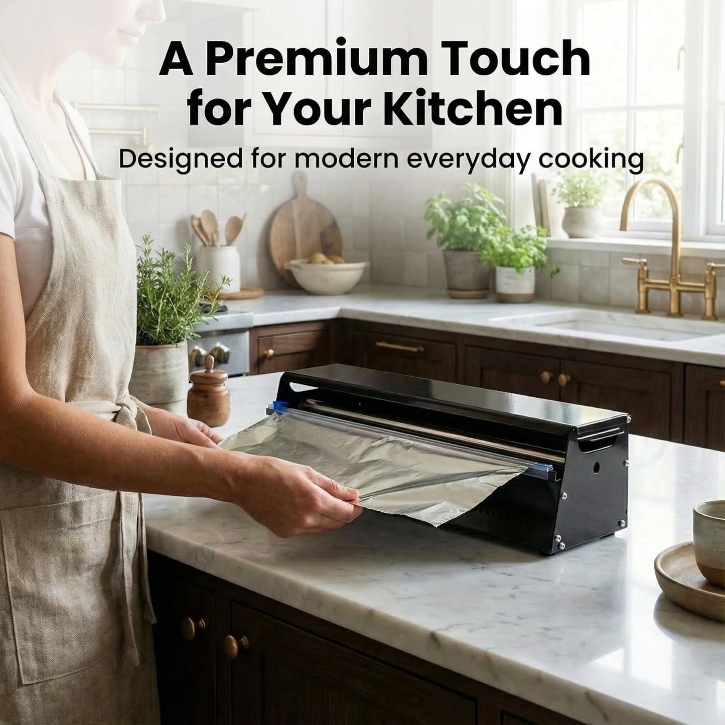 Stainless Steel Kitchen Dispenser for Foil, Plastic Wrap & Kraft Paper – Heavy-Duty Countertop Wrap Organizer – Fits Up to 18” Rolls – Modern Kitchen Gadget, Aluminum Foil & Cling Film Cutter
