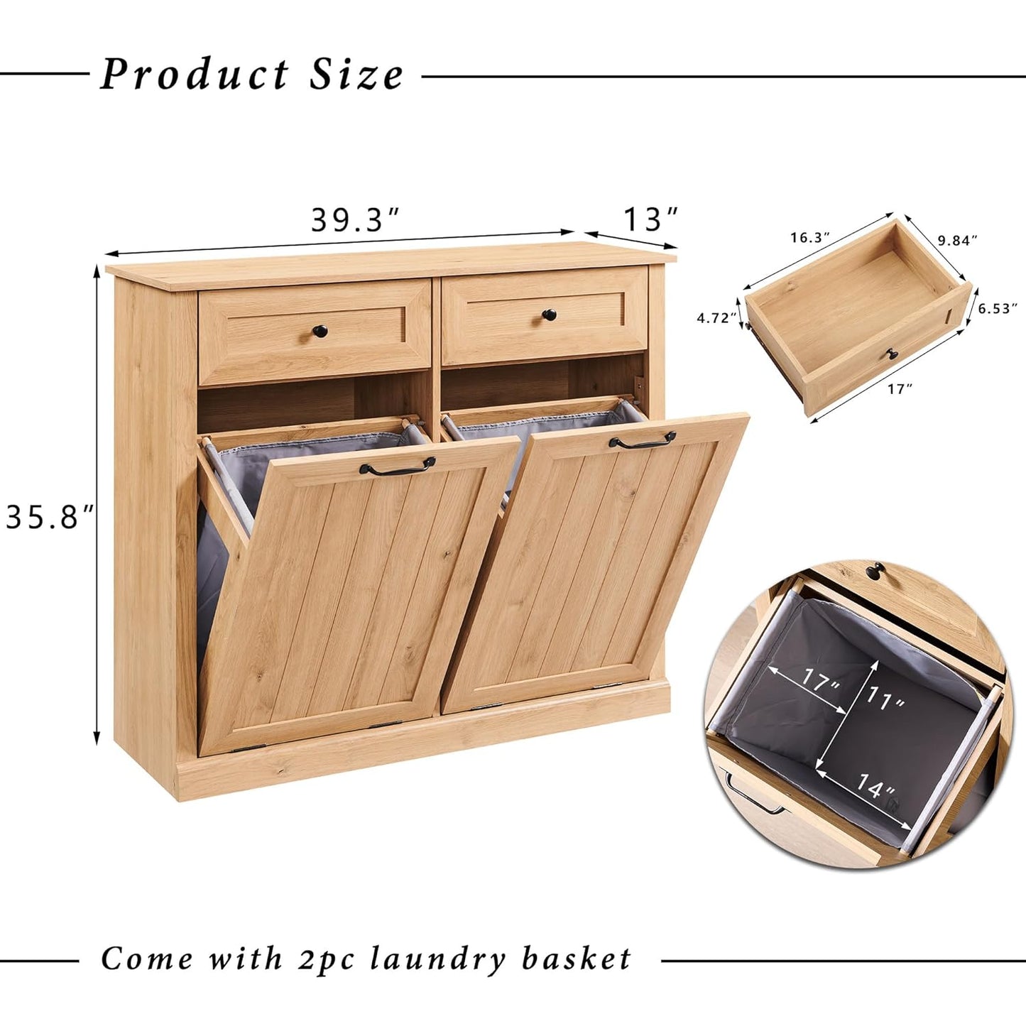 Double Tilt Out Trash Cabinet, 20 Gallon Farmhouse Laundry Hamper Cabinet with 2 Drawers, Hidden Wooden Trash Can Cabinets with Storage Basket for Kitchen, Living Room (Natural)