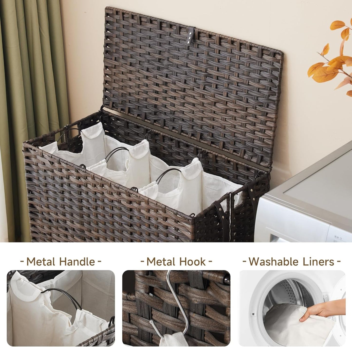 Laundry Hamper with Wheels, 52.8 Gallon(200L) Rolling Laundry Basket with Lid, 3-Section Rattan Clothes Hamper with 3 Removable Liner & 3 Mesh Bags, Laundry Sorter with Side Pocket, Brown