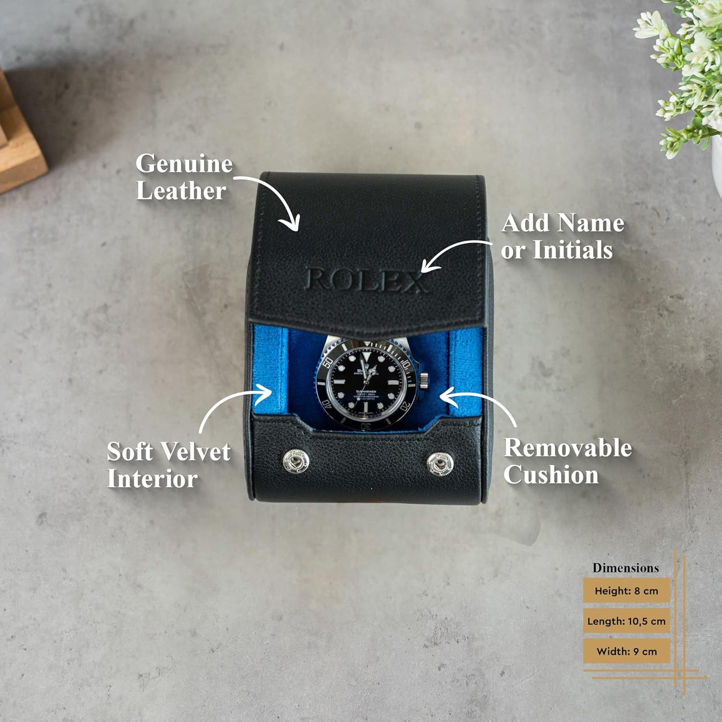 DailyWatch | Personalized Watch Roll Travel Case For 1 Watches - Handmade Genuine Leather Travel Case With Custom Engraving of Name or Initials - Black Blue