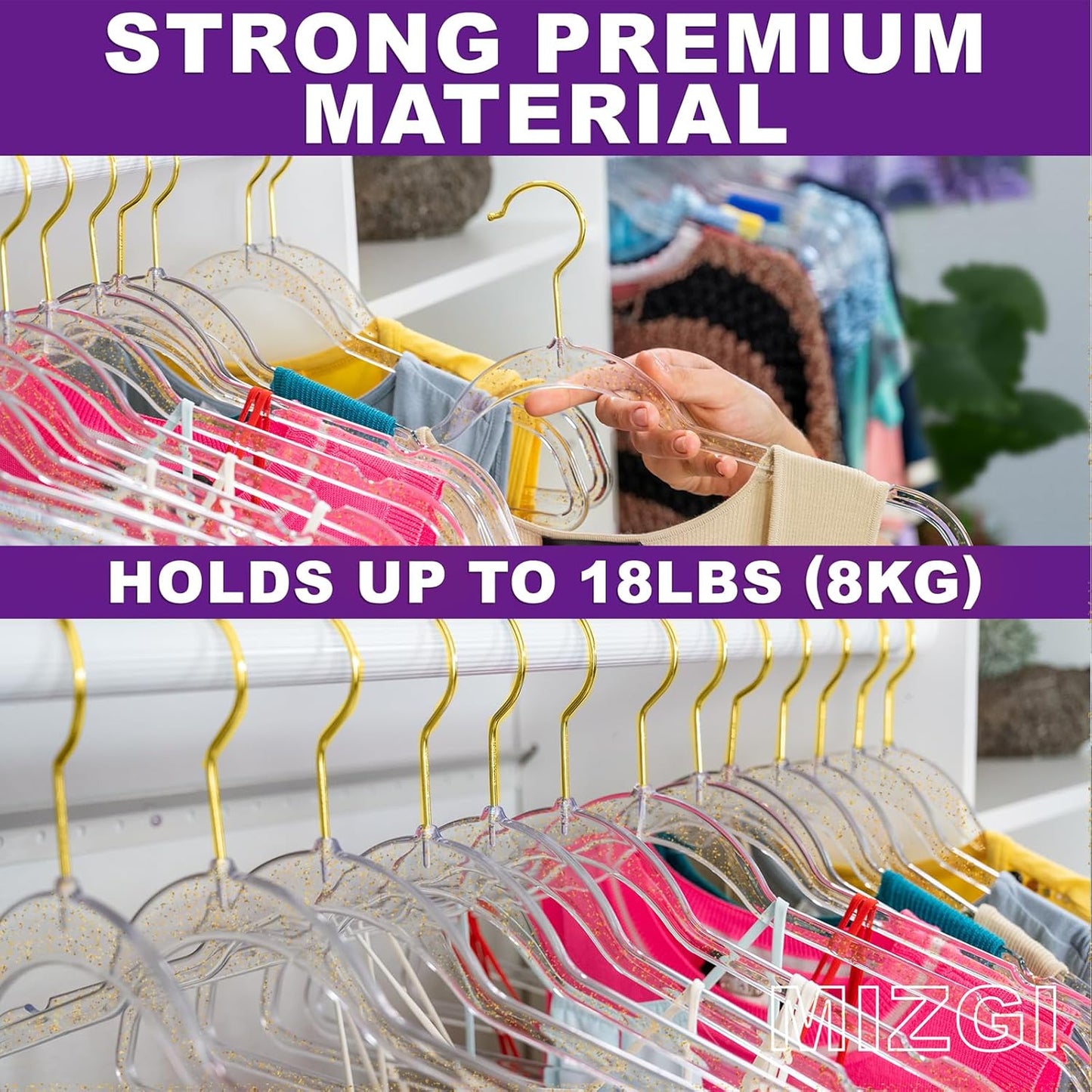 Premium Clear Invisible Acrylic Hangers,Crystal Plastic Hangers with Bling Gold Glitter 20 Pack Ultra Slim & Space Saving Suit Hangers for Coats, Pants & Dress Clothes