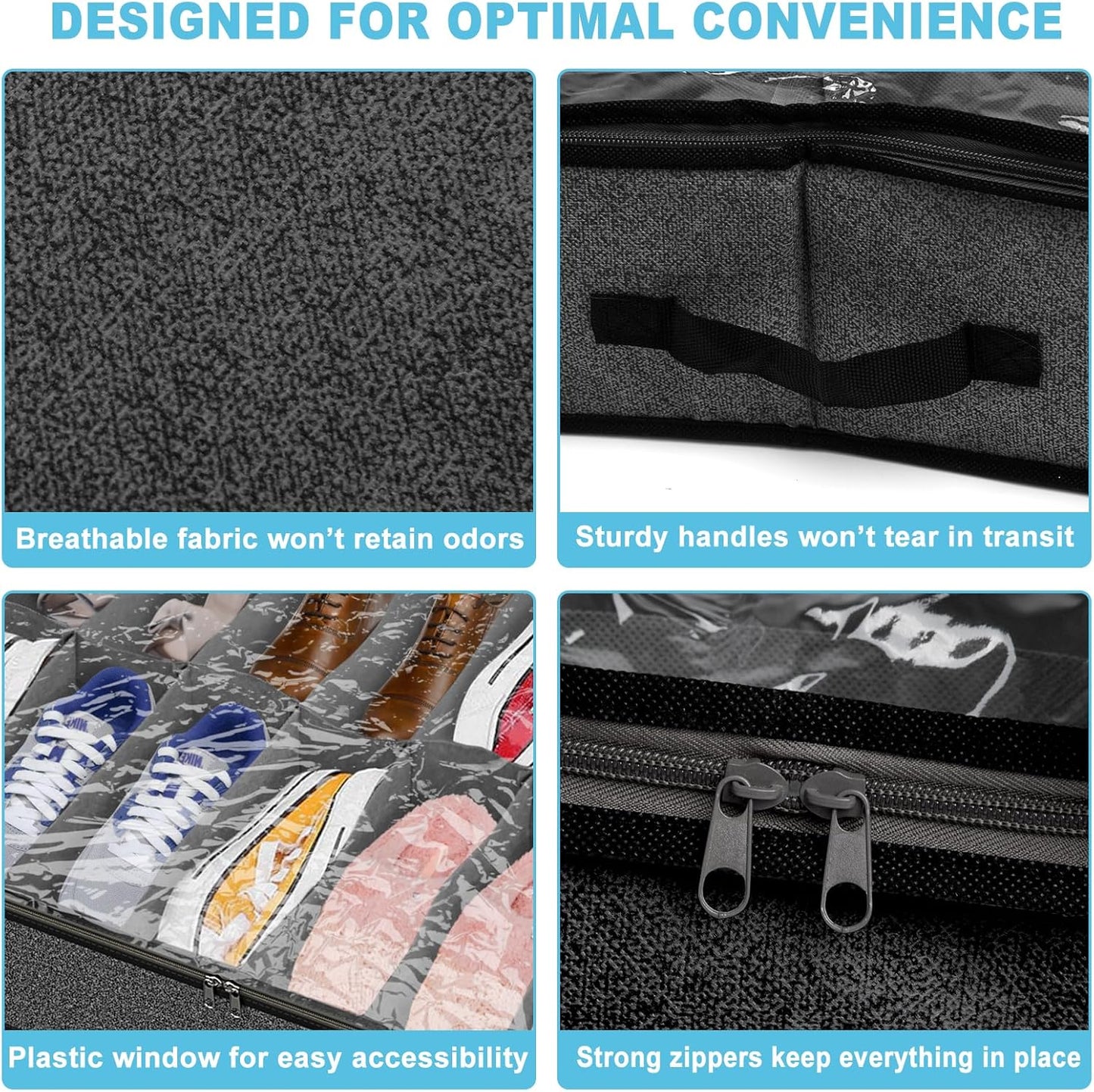2 Pack Under Bed Shoe Storage Organizer for Closet, Fits Total 32 Pairs Foldable Underbed Shoes Containers Boxes Under the Bed Storage Bedding with Sturdy Handles&Clear Window for College Dorms, Grey