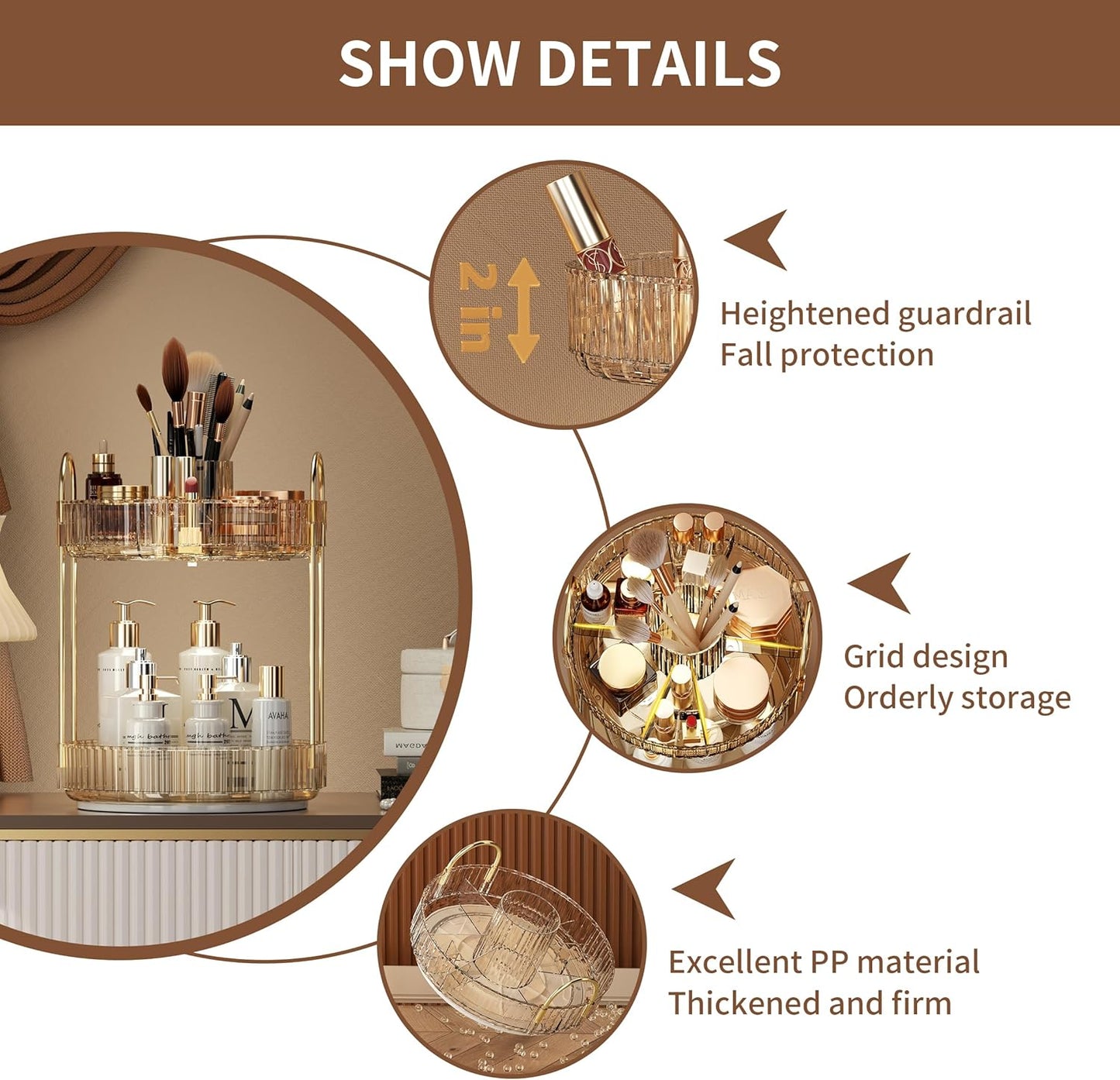 YCIA&DONE Rotating Makeup Organizer for Vanity, Large Capacity Make Up Storage Skin care Shelf Perfume Holders Cosmetic Dresser Organizer Countertop Spinning 360 (Amber Gold, 2Tiers)