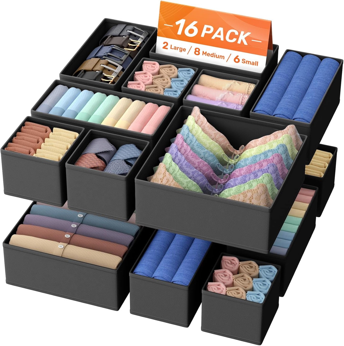 Drawer Organizer Clothes, 16 Pack Drawer Organizers and Underwear Organizer for Nursery, Dividers Clothes Organizer, Closet Organization and Foldable Storage Bins for Sock, Bra, Tie, Black