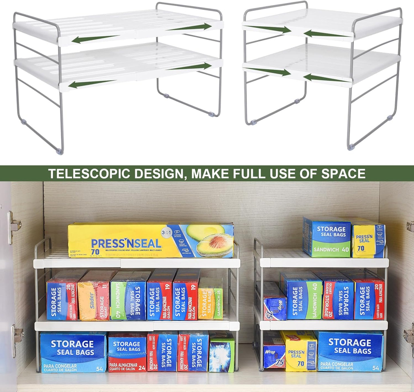 Pantry Organization and Storage for Kitchen - Expandable Kitchen Wrap Box Organizer Rack, Foil Organizer for Cabinet & Counter, Height & Width Adjustable Cupboard Storage Rack - (3 Tier 9.8 to 15.6"L)