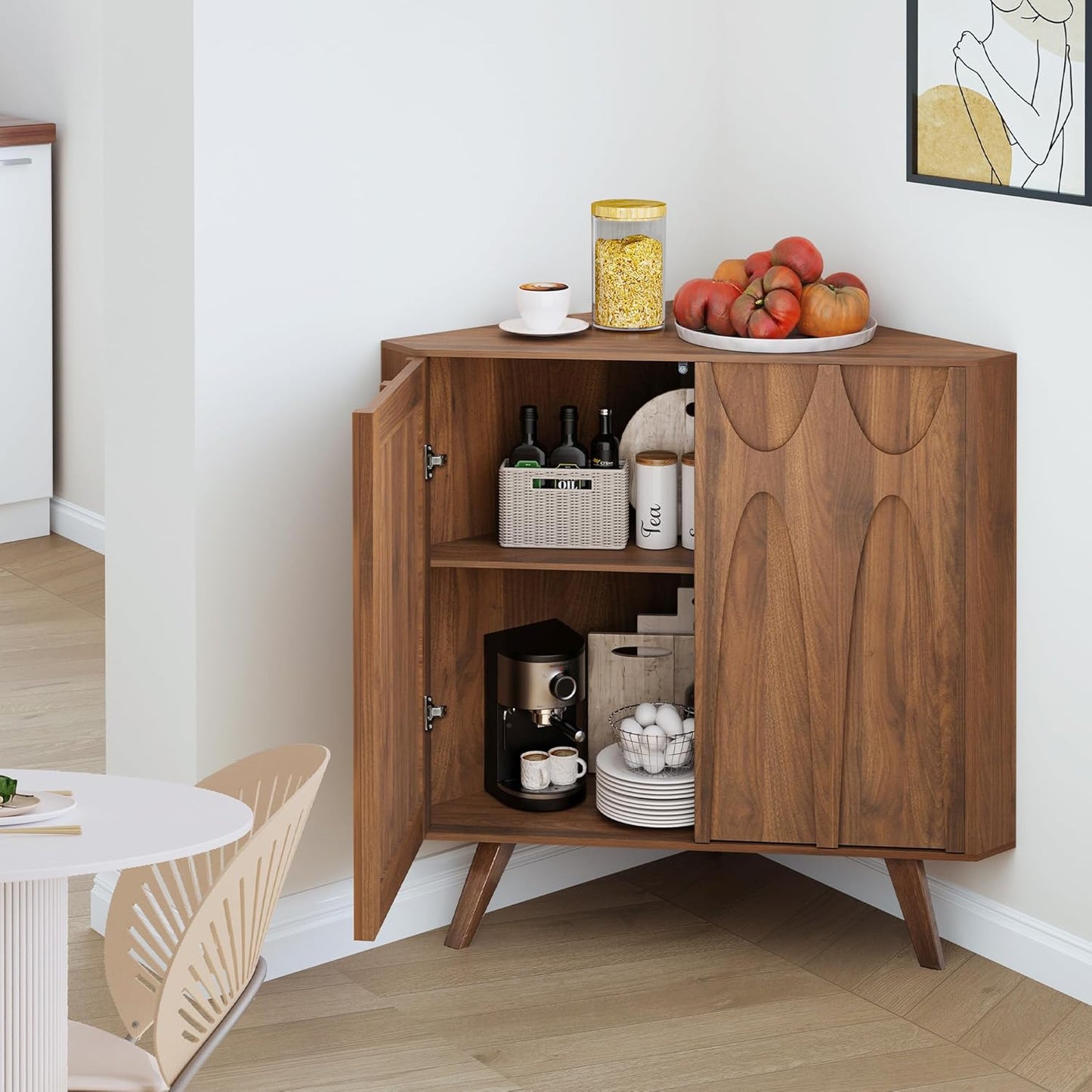 Small Corner Cabinet,Corner Floor Cabinet with Adjustable Doors and Shelve, Freestanding Narrow Storage Organizer for Kitchen Living Room Bathroom (Walnut)