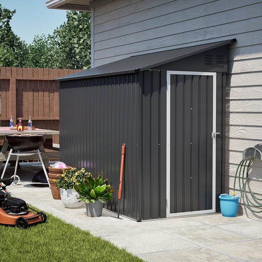 Outdoor Metal Storage Shed 4 x 8 ft, Garden Shed Lean to shed for Bike, Tool Outside Shed with Floor Base, Lock, Door for Backyard, Patio, Lawn, Black