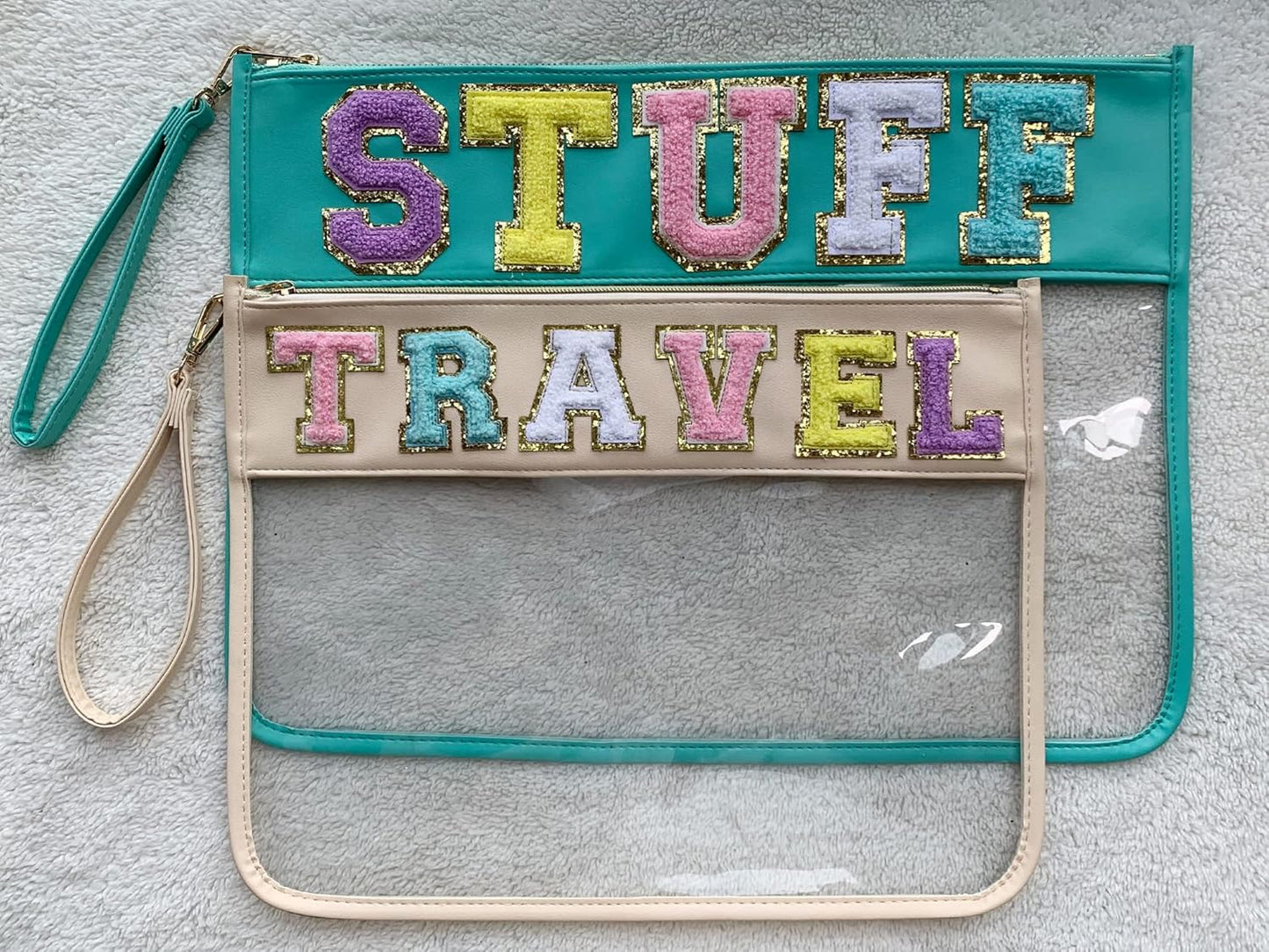 TopTTanBo Chenille Letter Clear Bag Purse Multi-purpose Transparent Waterproof Snacks Makeup Tote Bag with Wrist Strap