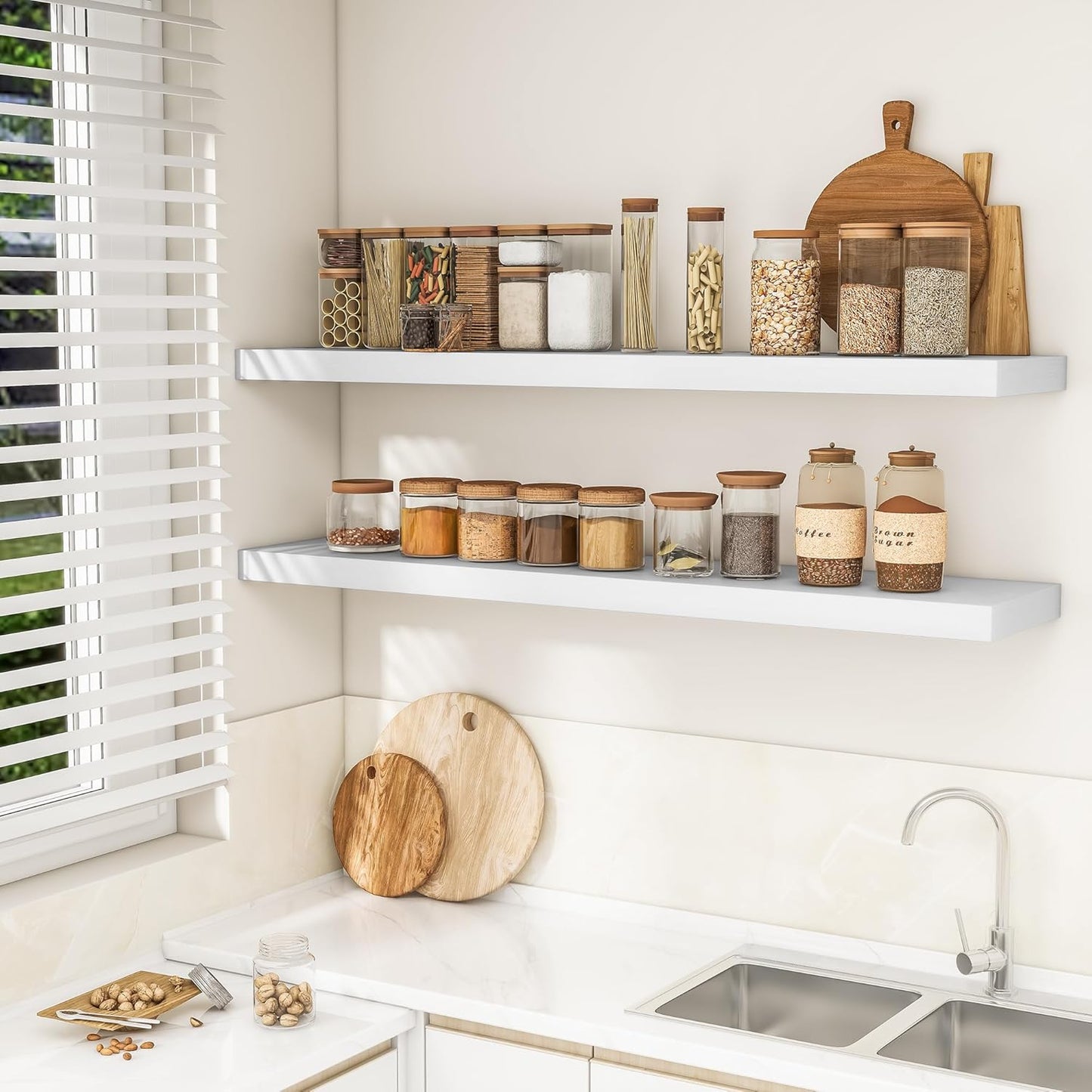 RICHFOCUS 55Inch Floating Shelves for Wall 2 Pack Shelves for Bedroom|Kitchen|Bathroom Wall Mounted Rustic Wood Floating Shelf with Invisible Brackets for Books|Storage|Decor, White